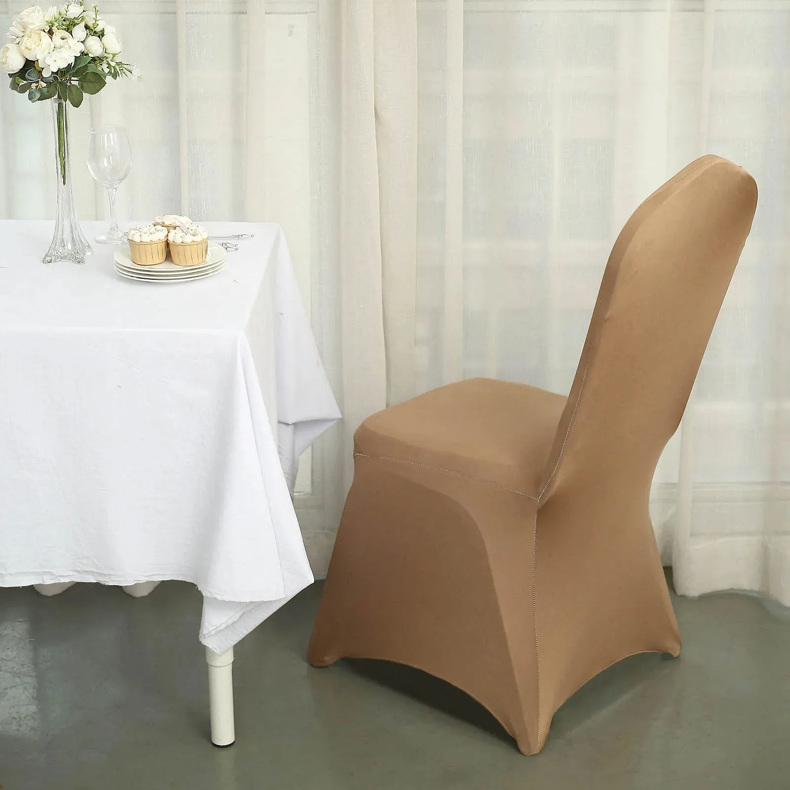 10 Pack Taupe Spandex Fitted Banquet Chair Covers, Reusable Stretched Slip On Chair Covers