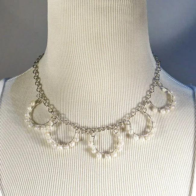 5-Loop, Hand-Shaped, Bead-Wrapped Wire Loop Necklace with Freshwater Pearls