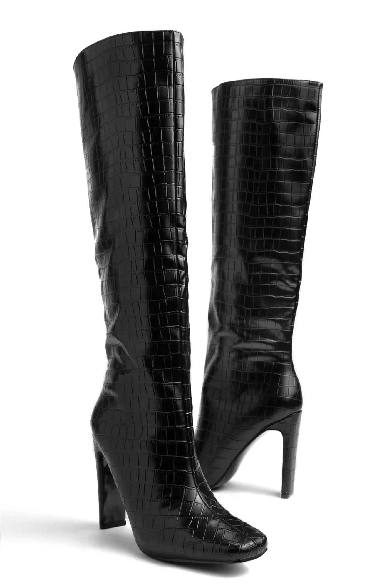 Adelaisa Knee High Heel Boots - Croc Black