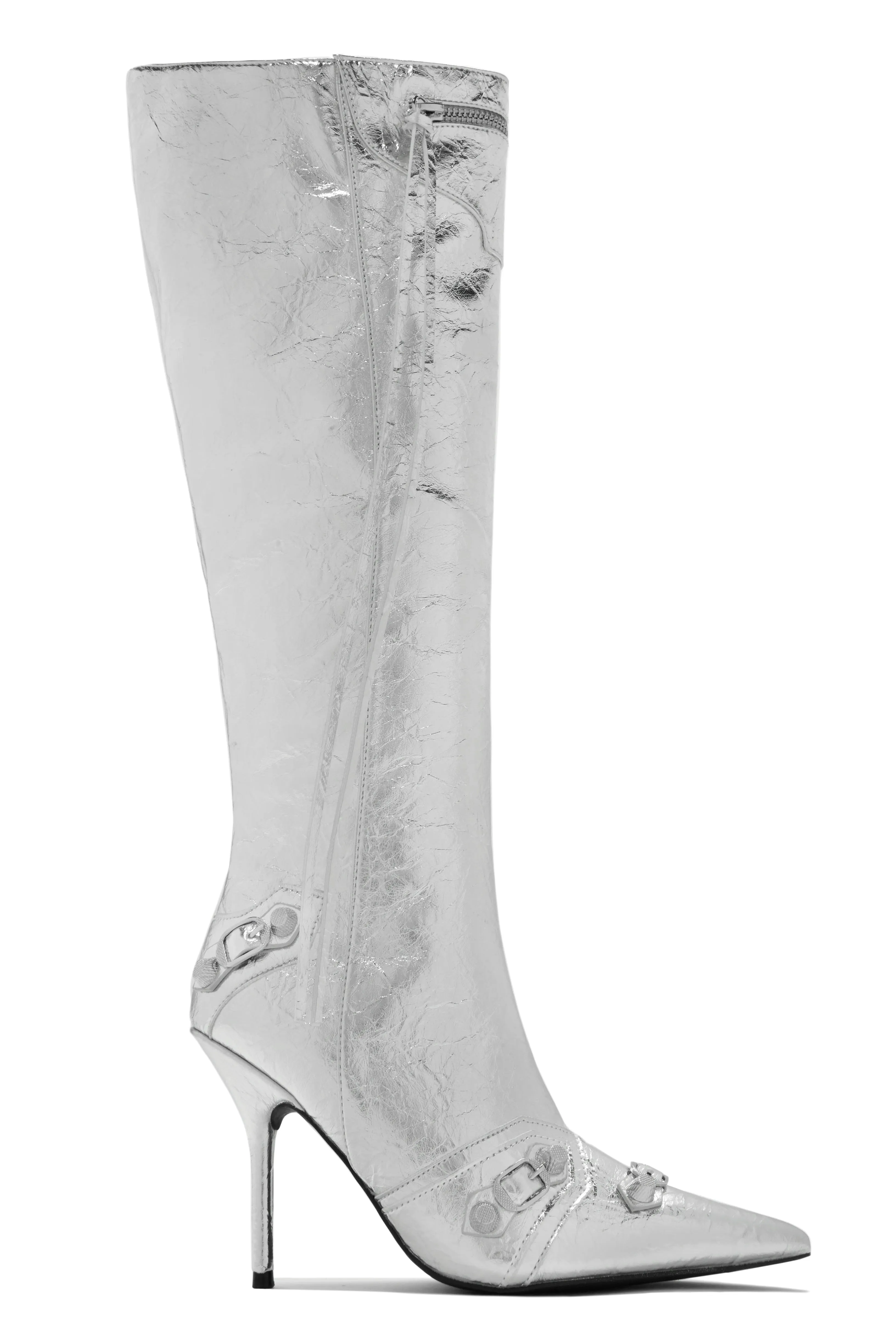 Adison Metallic Knee High Boots - Silver