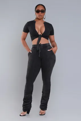 All To Myself Cropped Ruched Pants Set - Black Mineral Wash