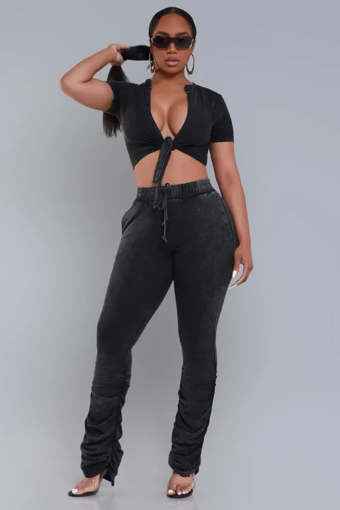 All To Myself Cropped Ruched Pants Set - Black Mineral Wash