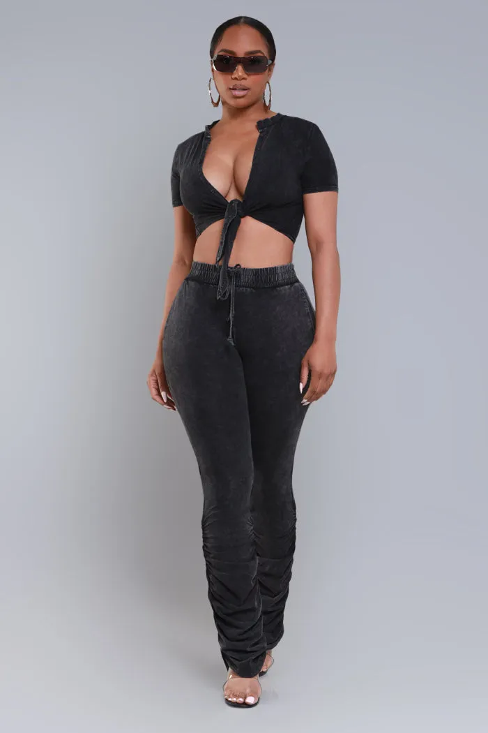 All To Myself Cropped Ruched Pants Set - Black Mineral Wash