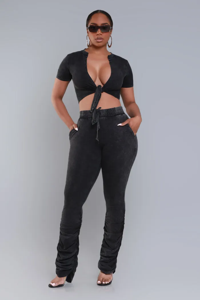 All To Myself Cropped Ruched Pants Set - Black Mineral Wash