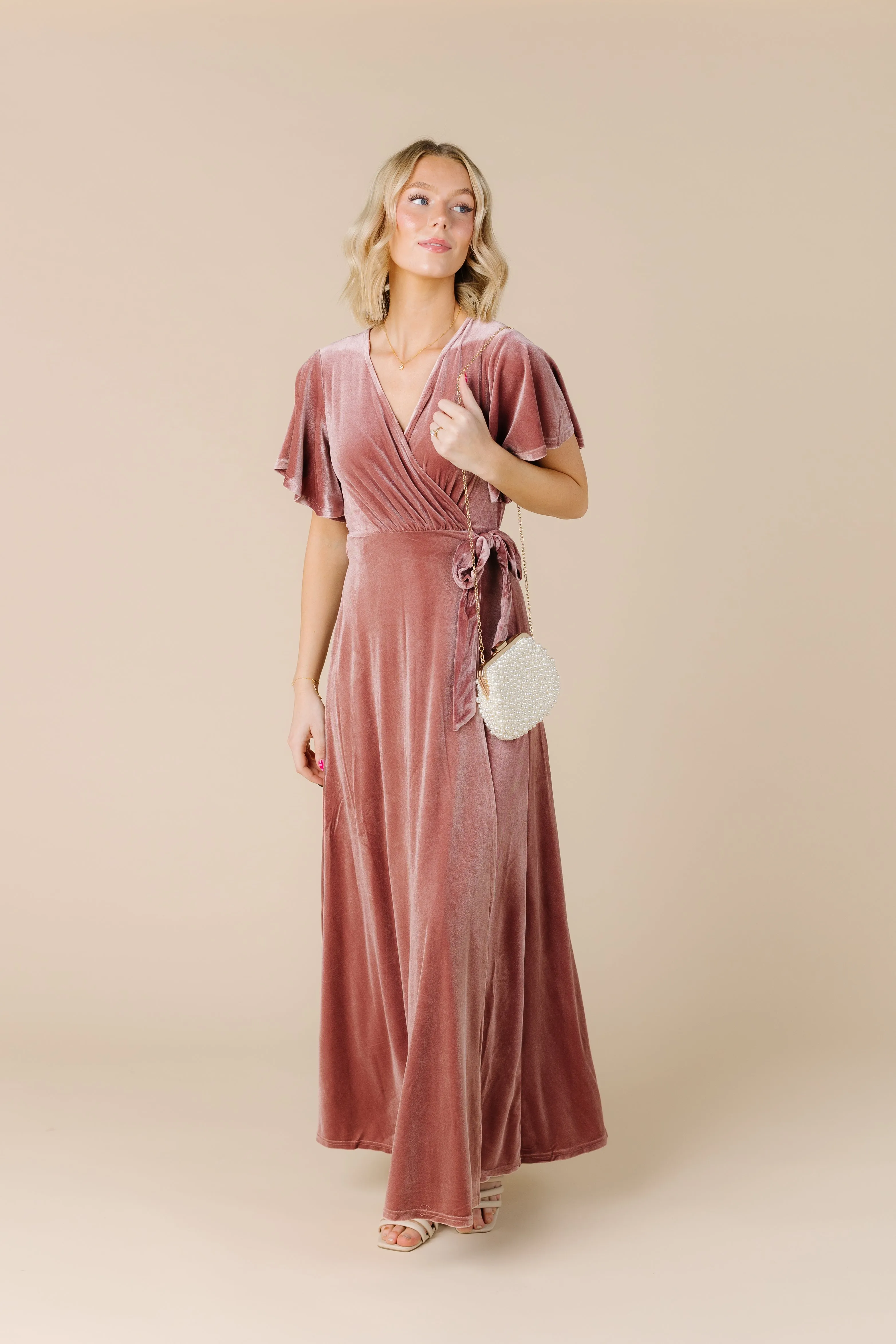 Arbor Velvet Wrap Dress- Dusty Pink