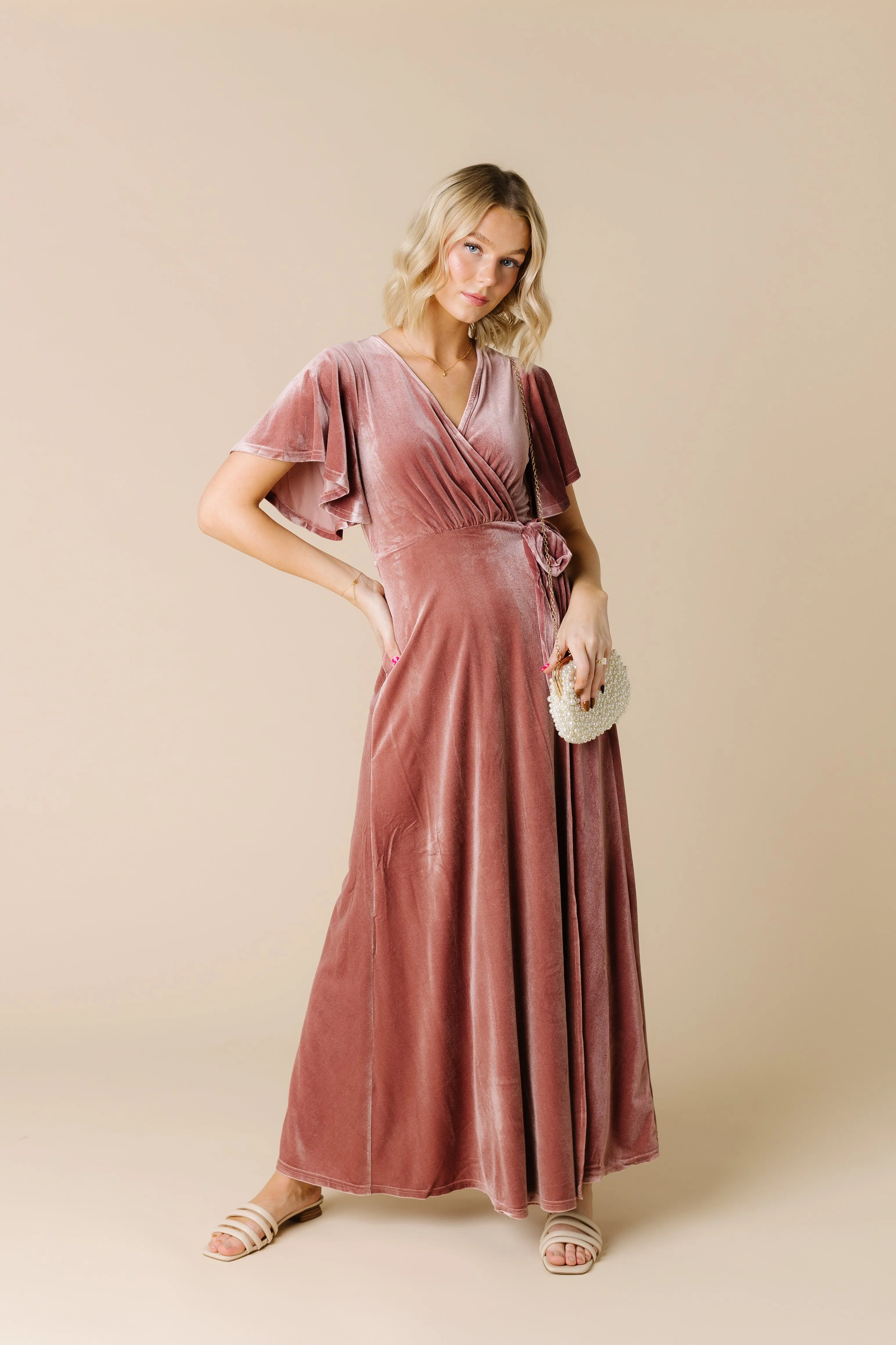 Arbor Velvet Wrap Dress- Dusty Pink