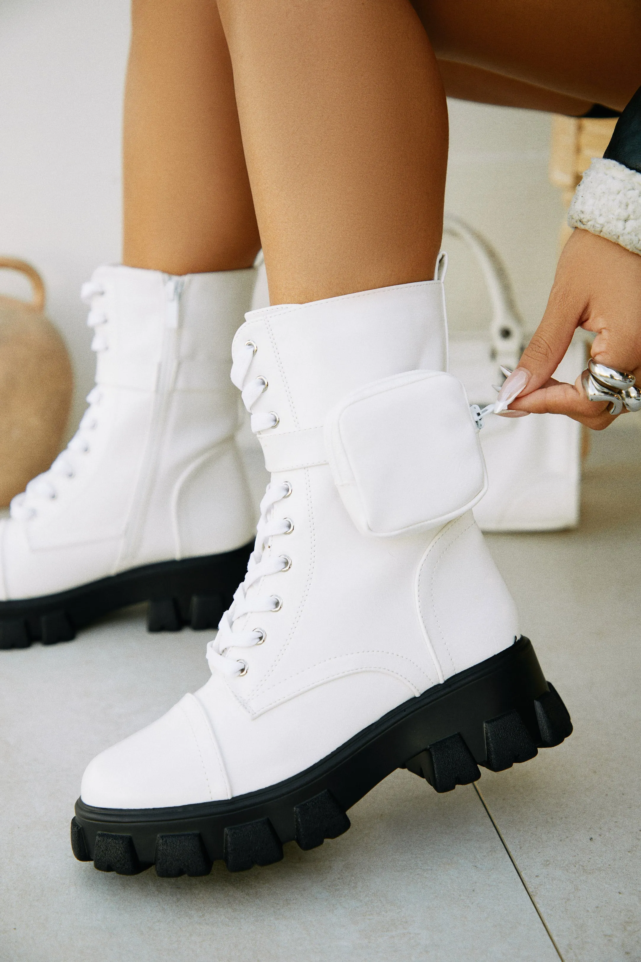 Arctic Chic Flat Combat Boots - White