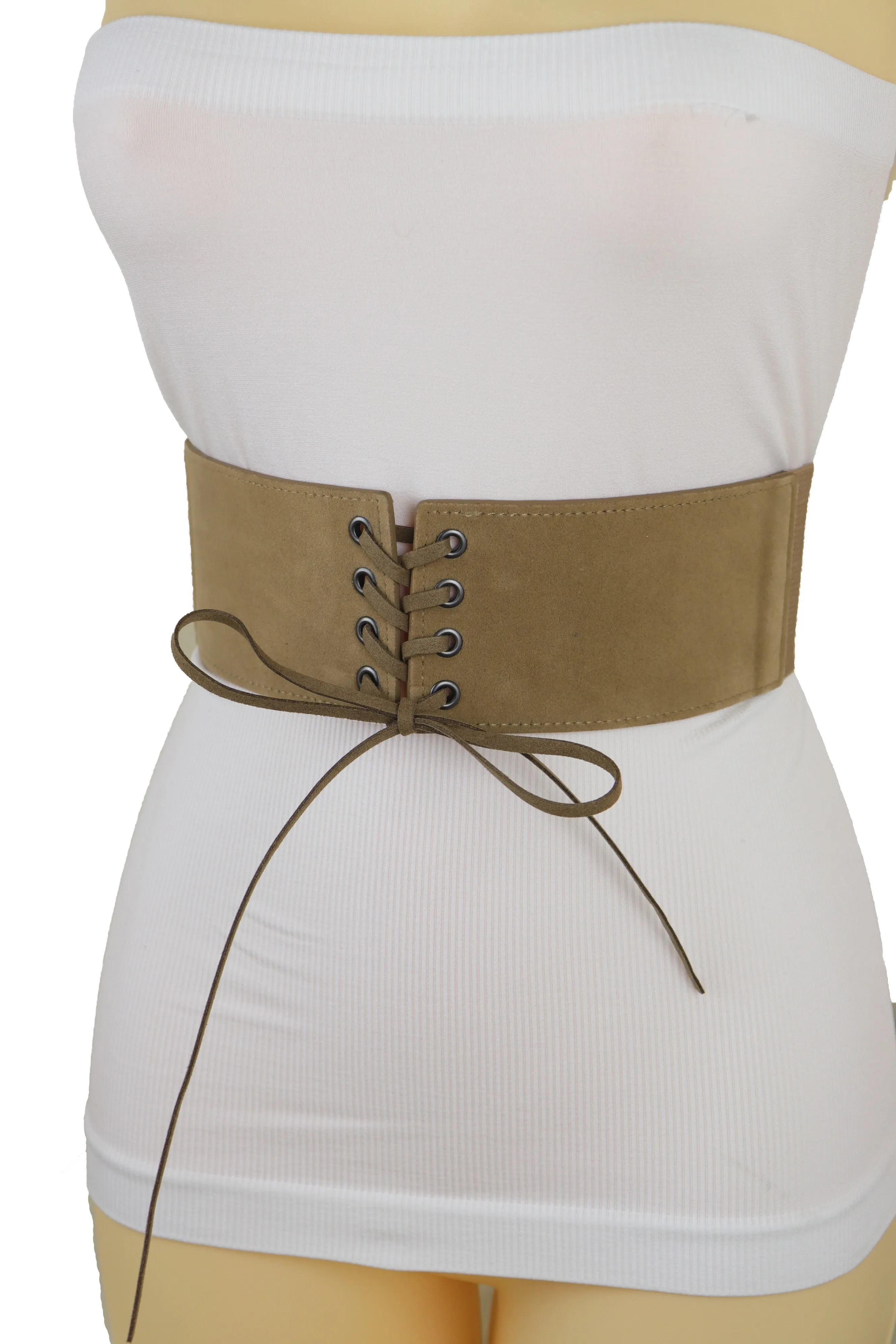 Beige Camel Faux Suede Leather Elastic Corset Fashion Belt Hip High Waist Fit Size S M