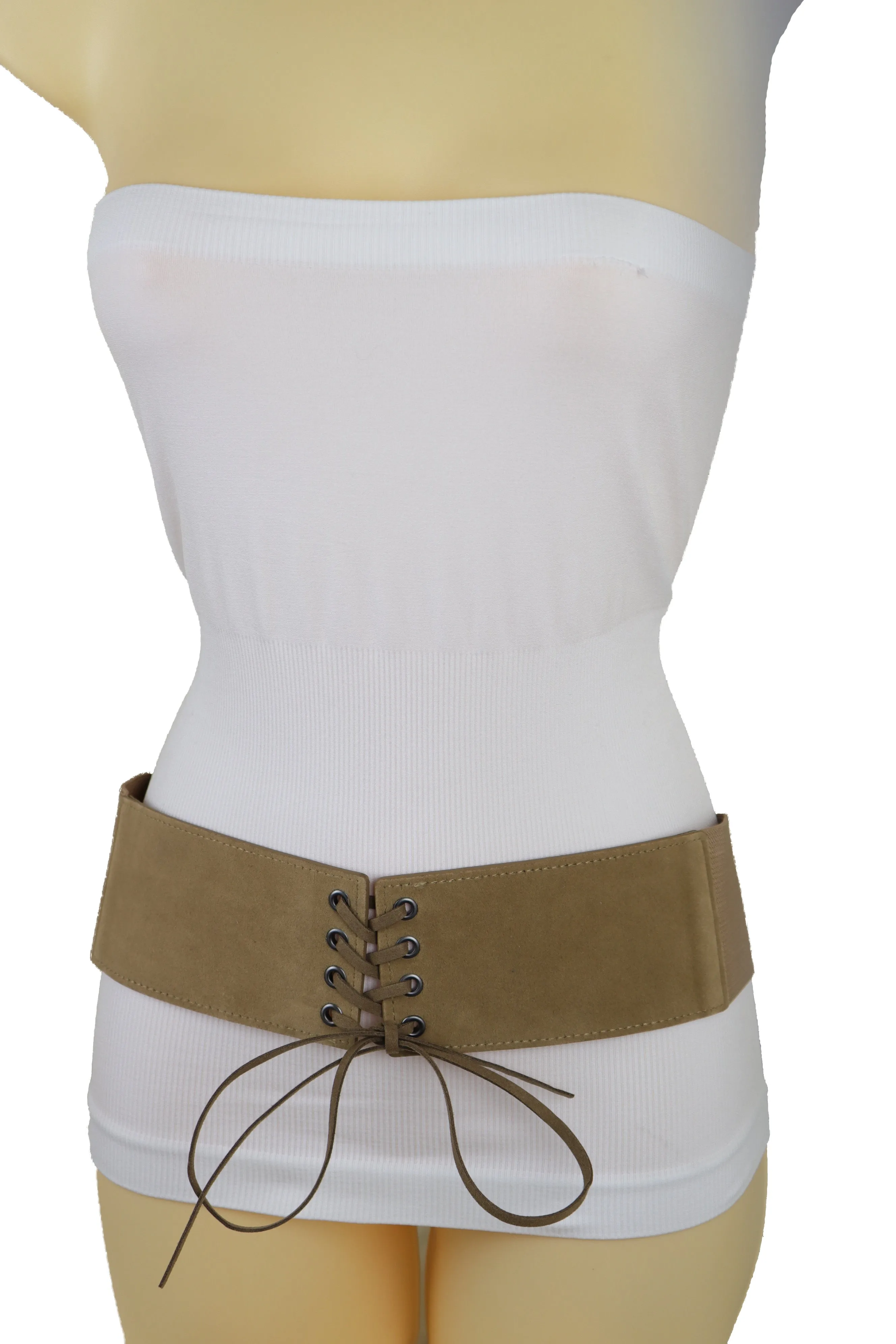 Beige Camel Faux Suede Leather Elastic Corset Fashion Belt Hip High Waist Fit Size S M