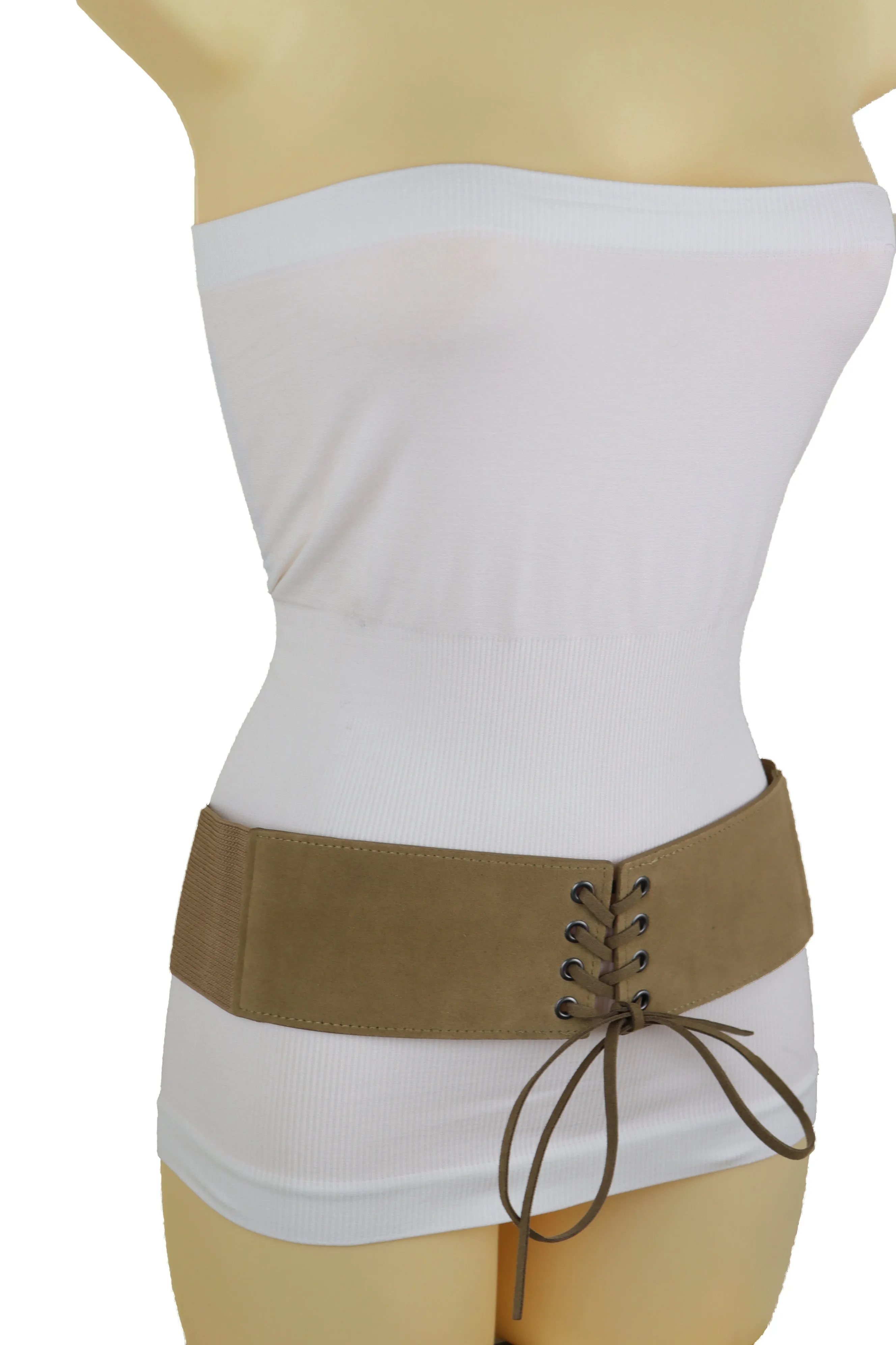 Beige Camel Faux Suede Leather Elastic Corset Fashion Belt Hip High Waist Fit Size S M