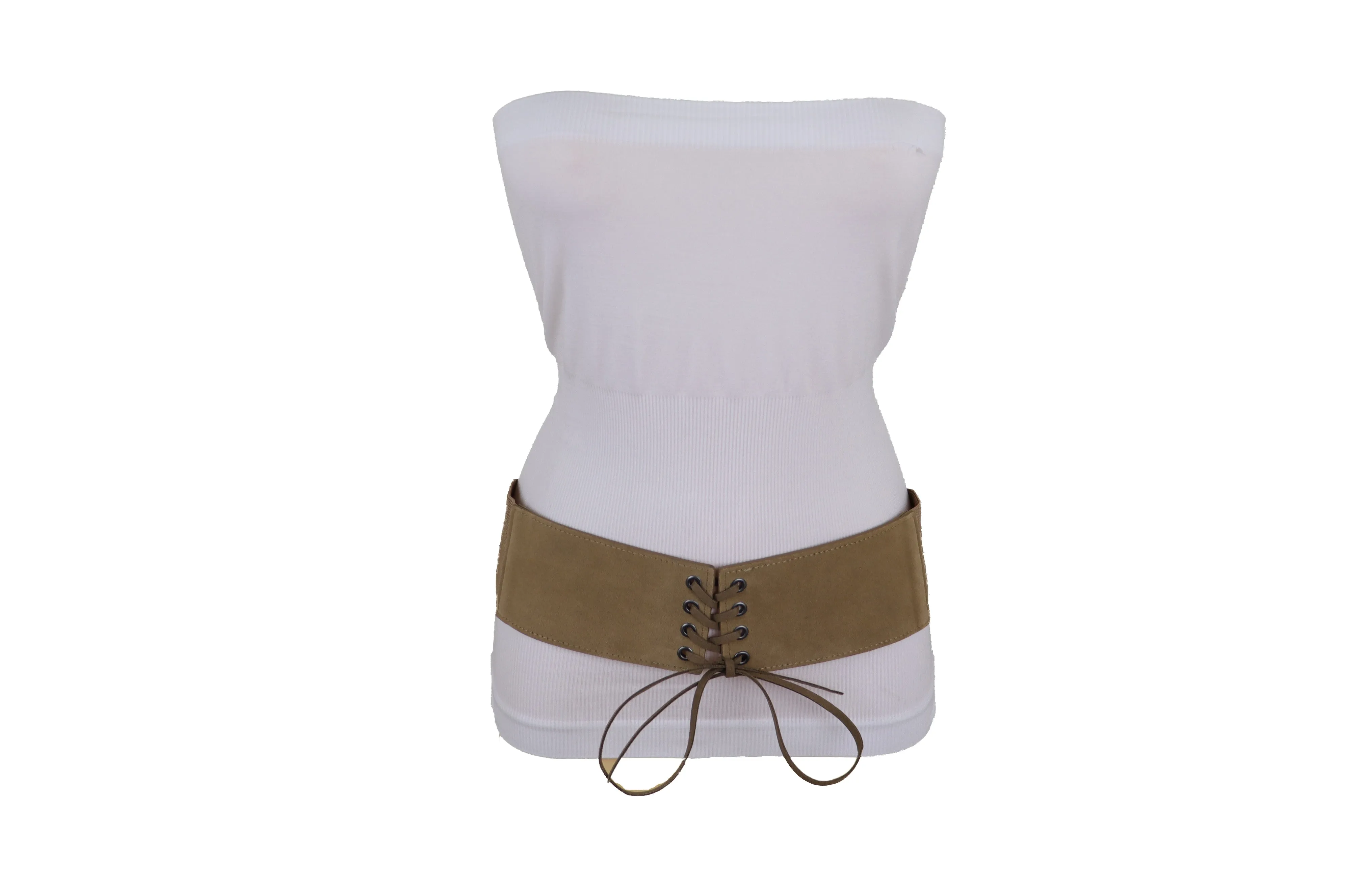 Beige Camel Faux Suede Leather Elastic Corset Fashion Belt Hip High Waist Fit Size S M