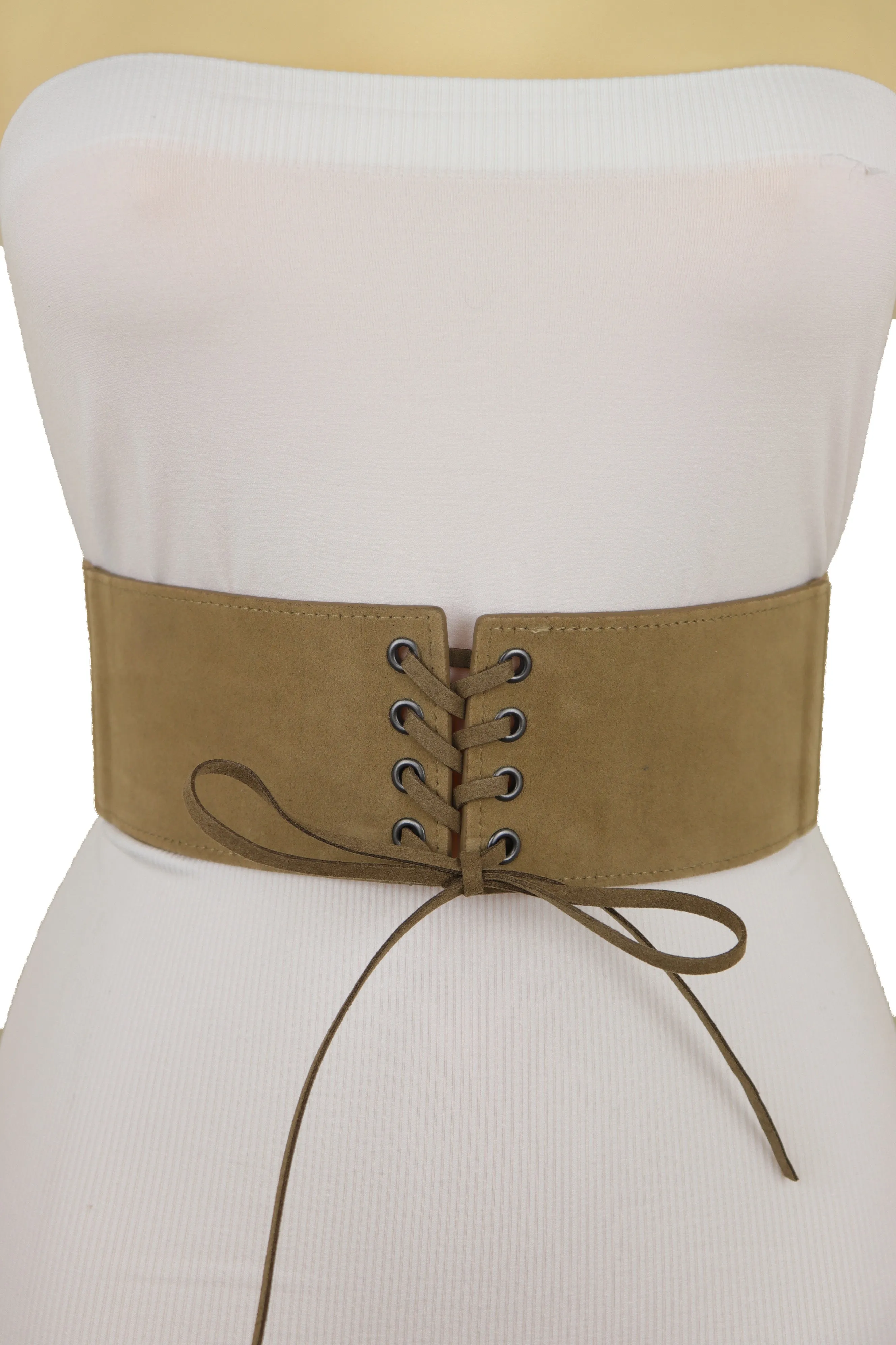 Beige Camel Faux Suede Leather Elastic Corset Fashion Belt Hip High Waist Fit Size S M