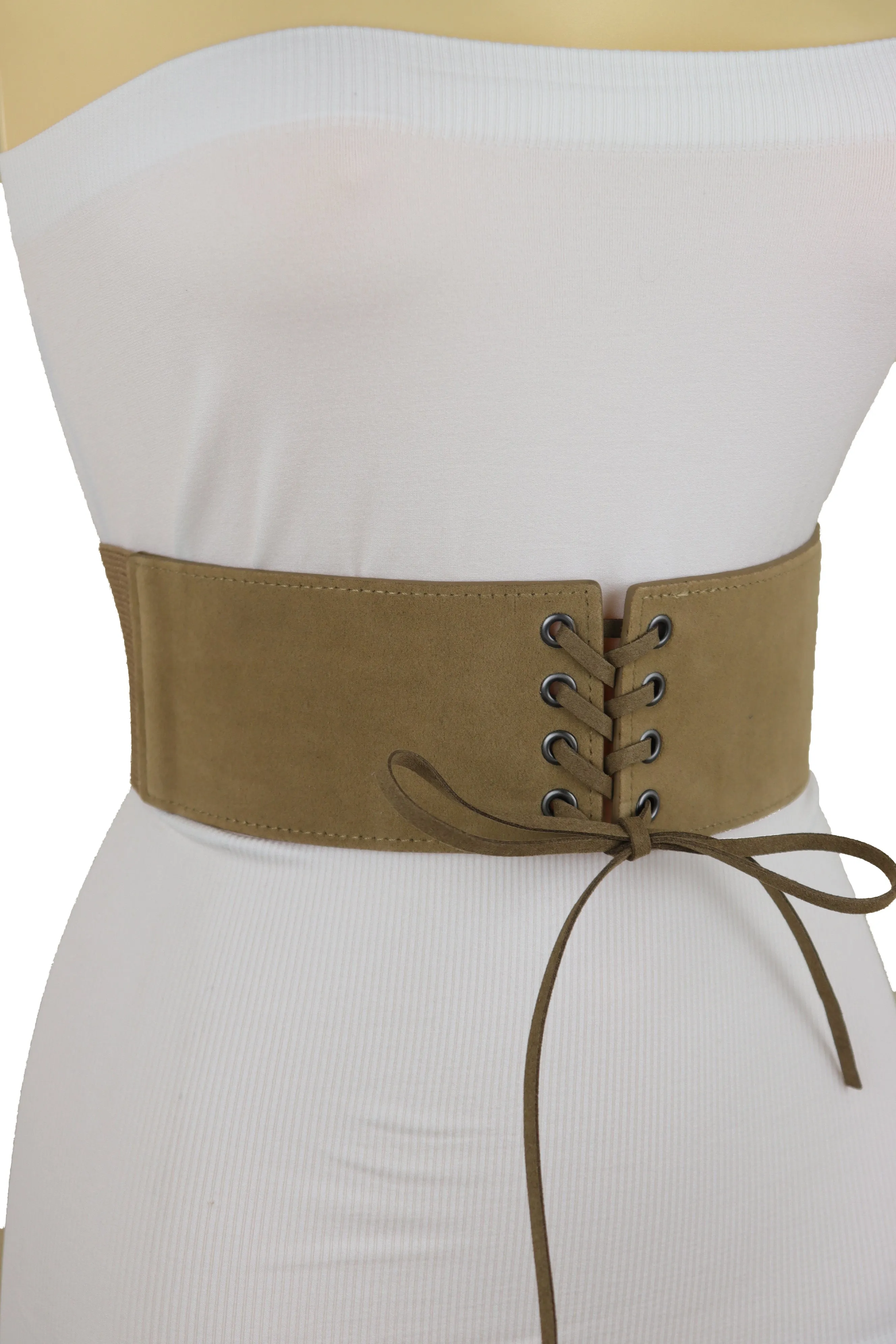 Beige Camel Faux Suede Leather Elastic Corset Fashion Belt Hip High Waist Fit Size S M