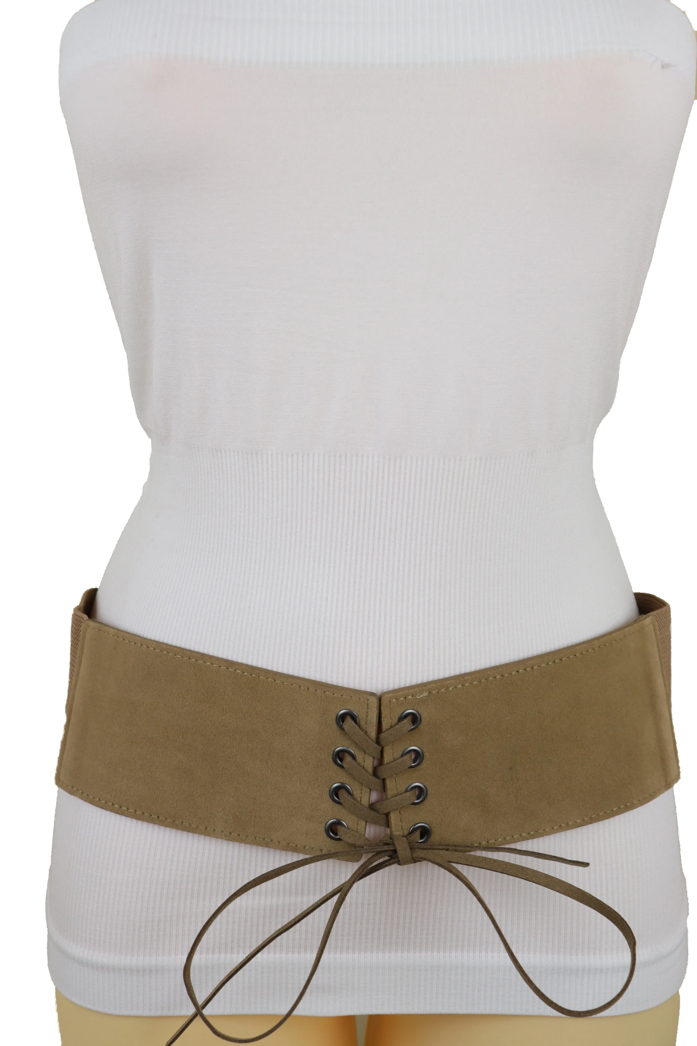 Beige Camel Faux Suede Leather Elastic Corset Fashion Belt Hip High Waist Fit Size S M