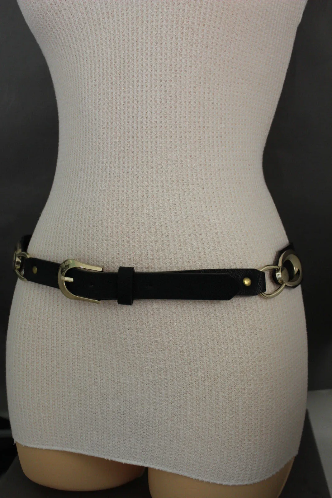 Black Beads Elastic Band Belt Gold Metal Circle Buckle S M