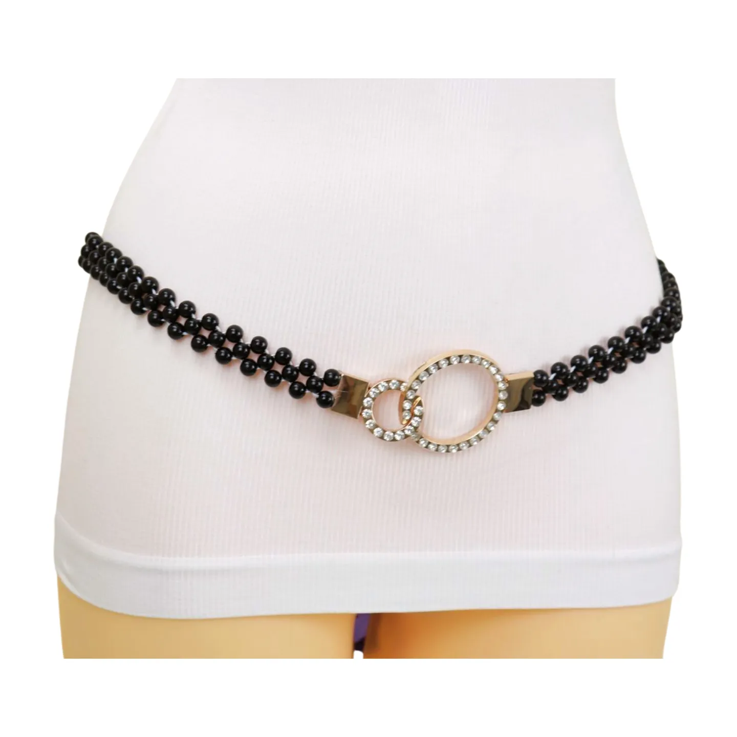 Black Beads Elastic Band Belt Gold Metal Circle Buckle S M