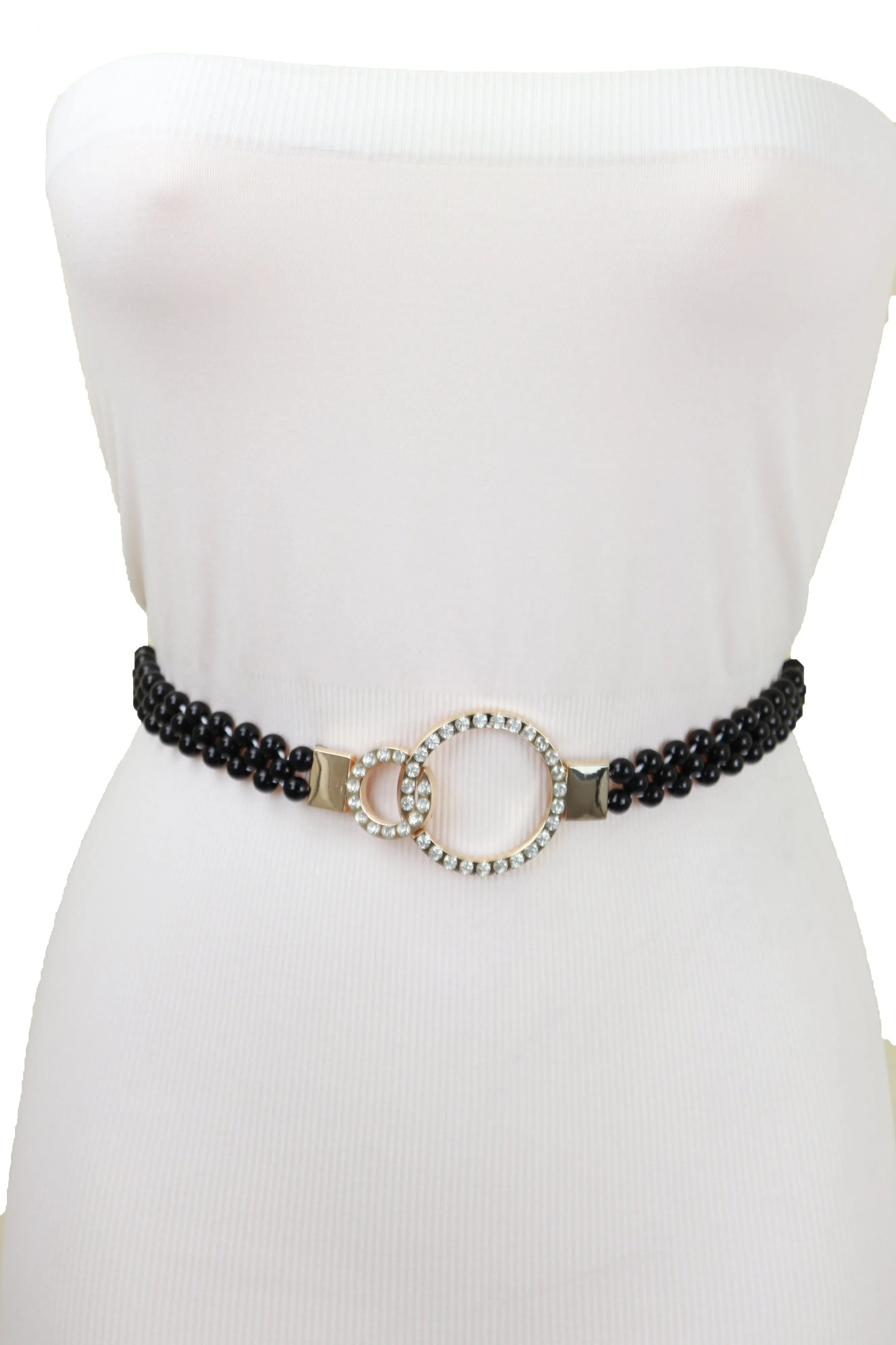 Black Beads Elastic Band Belt Gold Metal Circle Buckle S M