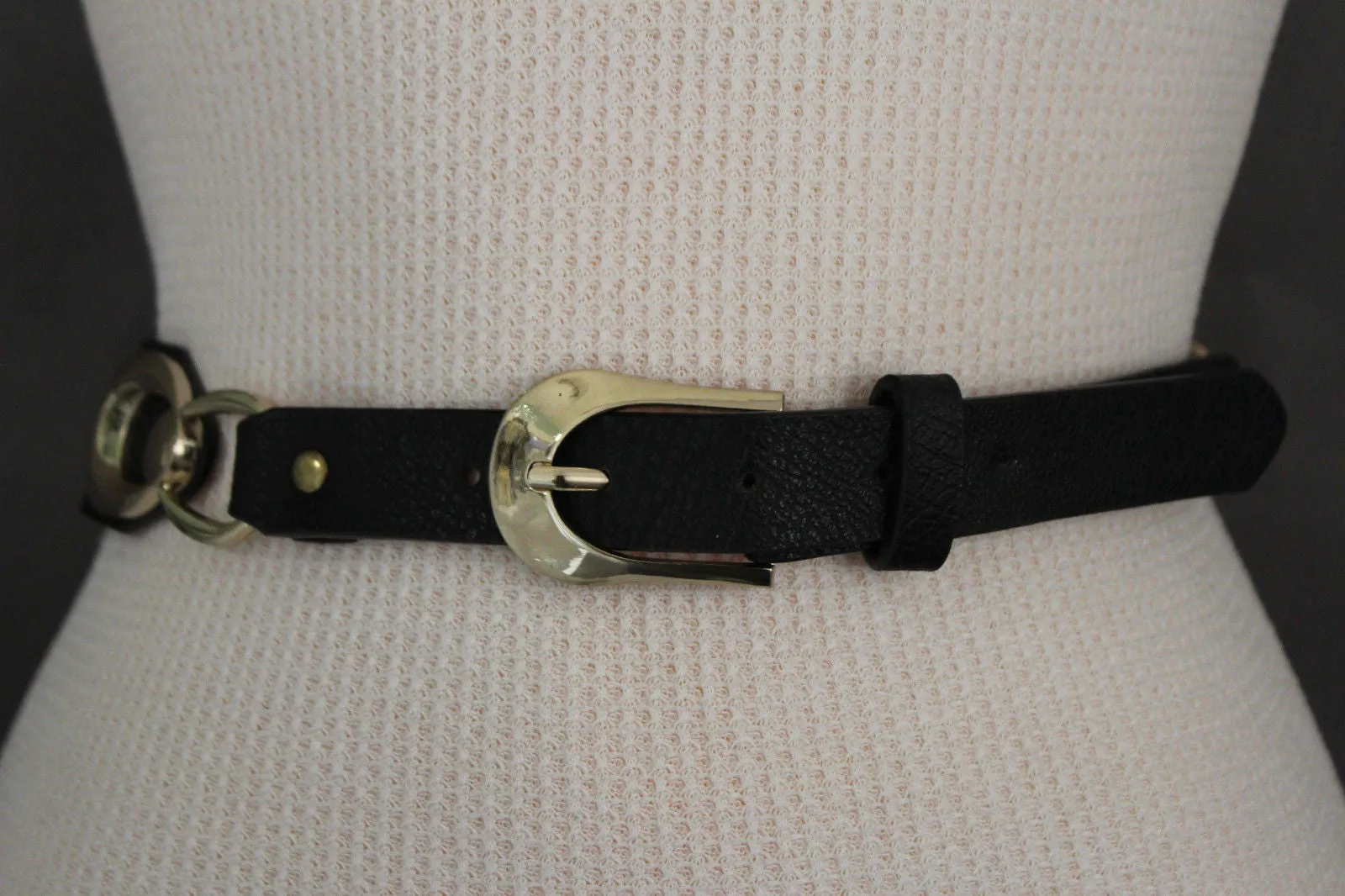 Black Beads Elastic Band Belt Gold Metal Circle Buckle S M