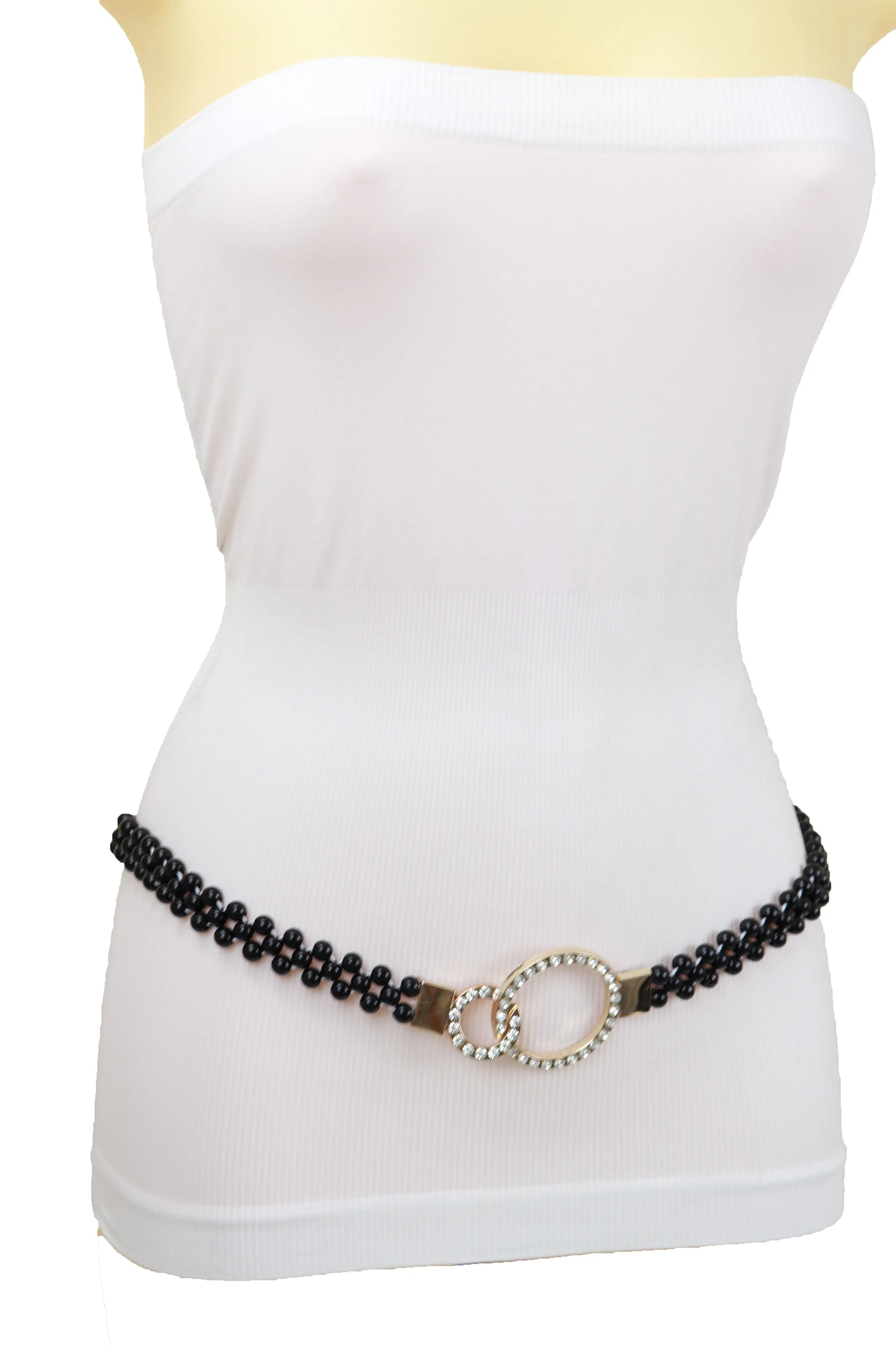 Black Beads Elastic Band Belt Gold Metal Circle Buckle S M