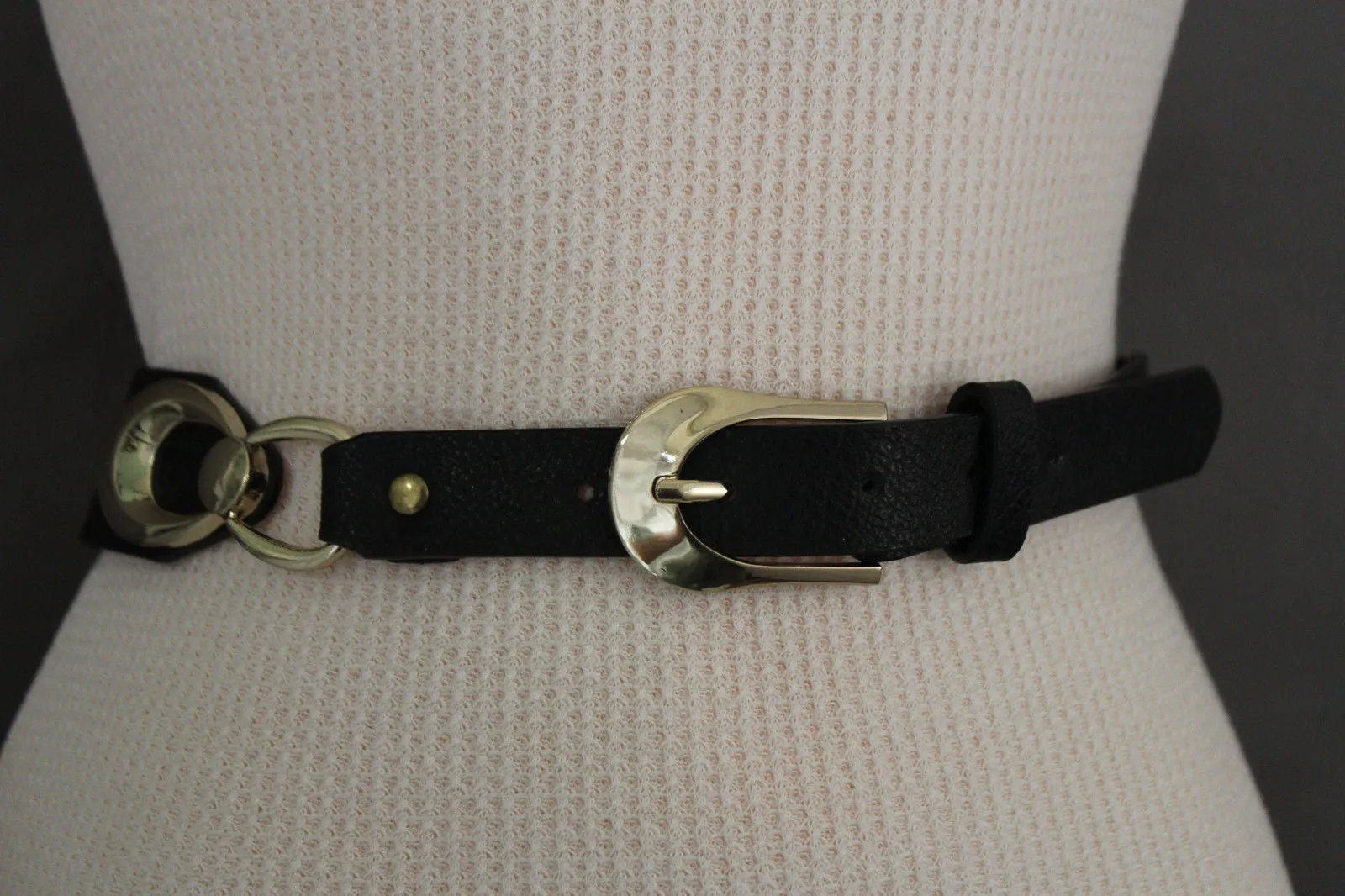 Black Beads Elastic Band Belt Gold Metal Circle Buckle S M