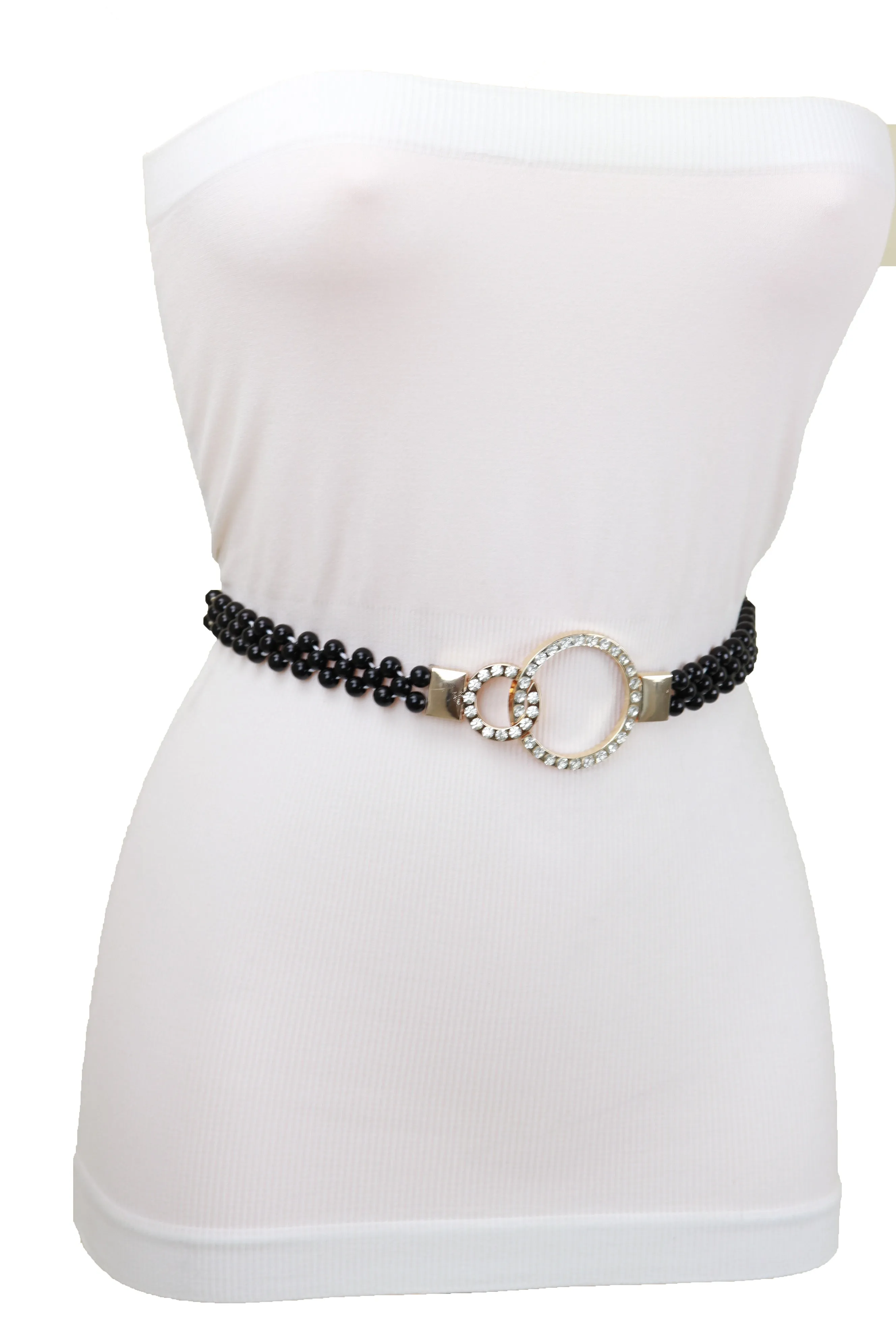 Black Beads Elastic Band Belt Gold Metal Circle Buckle S M