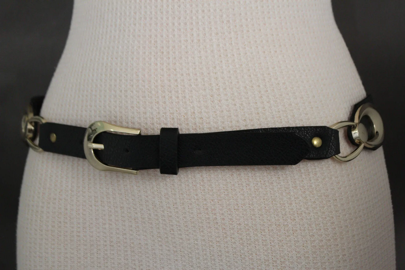 Black Beads Elastic Band Belt Gold Metal Circle Buckle S M