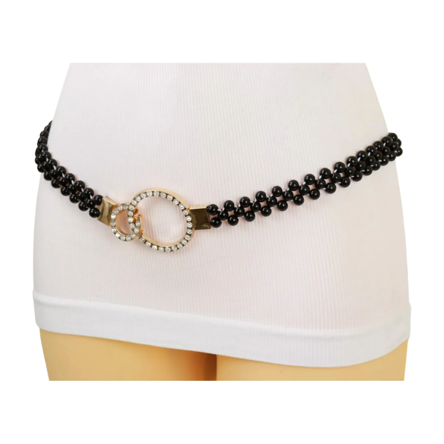 Black Beads Elastic Band Belt Gold Metal Circle Buckle S M