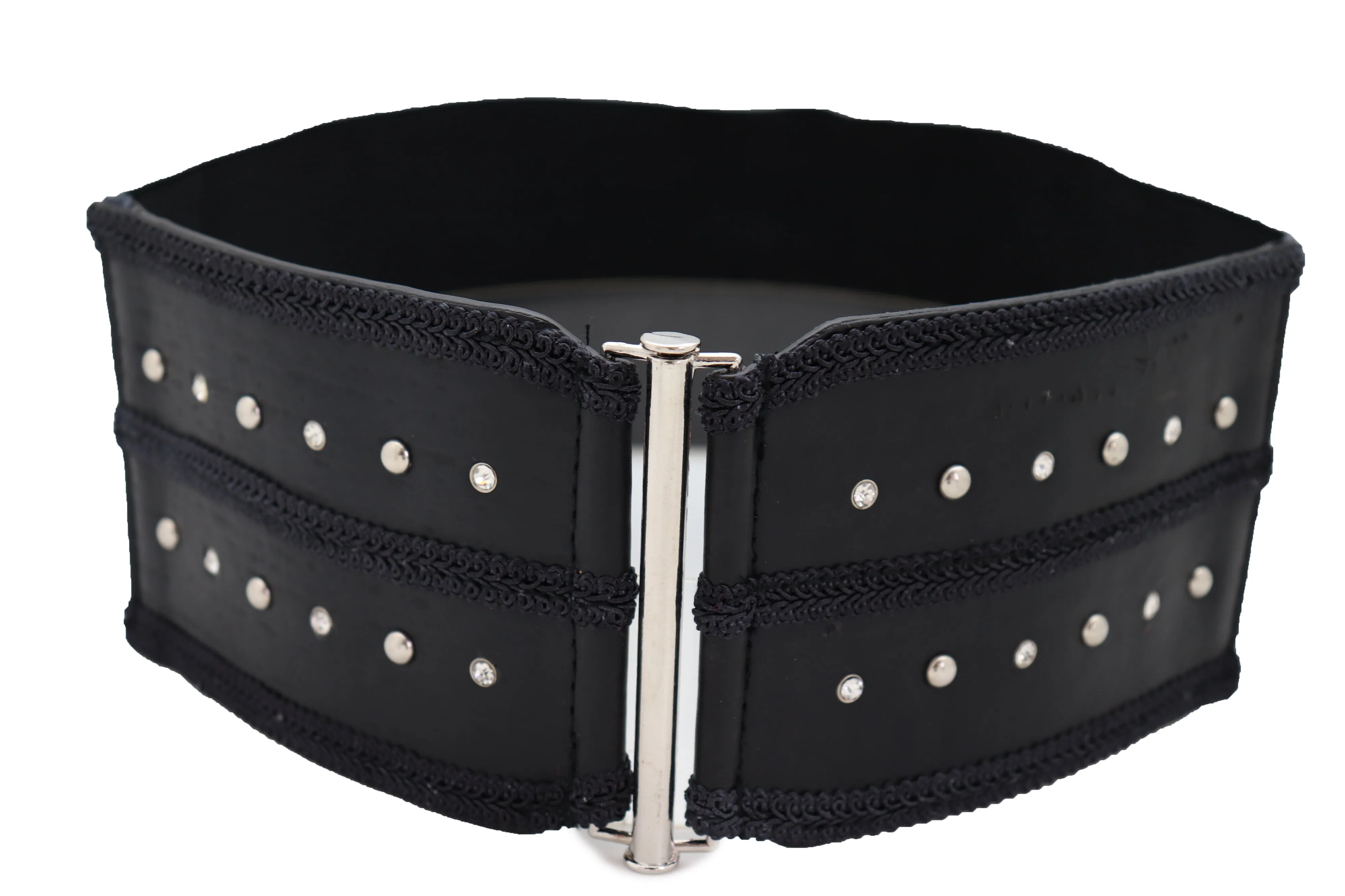 Black Faux Leather Wide Elastic Waistband Belt Bling Detail Silver Studs Buckle Fit S M