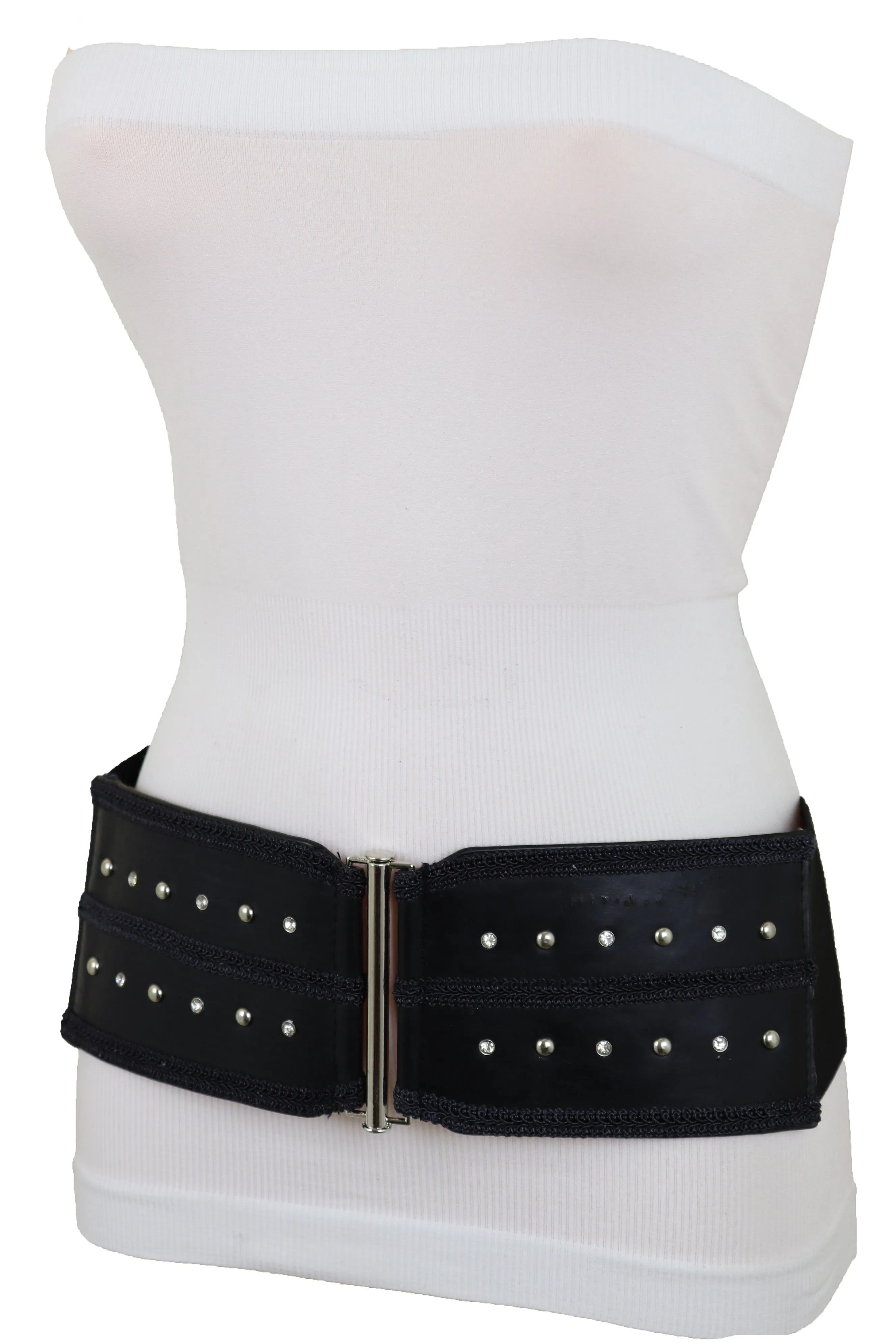 Black Faux Leather Wide Elastic Waistband Belt Bling Detail Silver Studs Buckle Fit S M