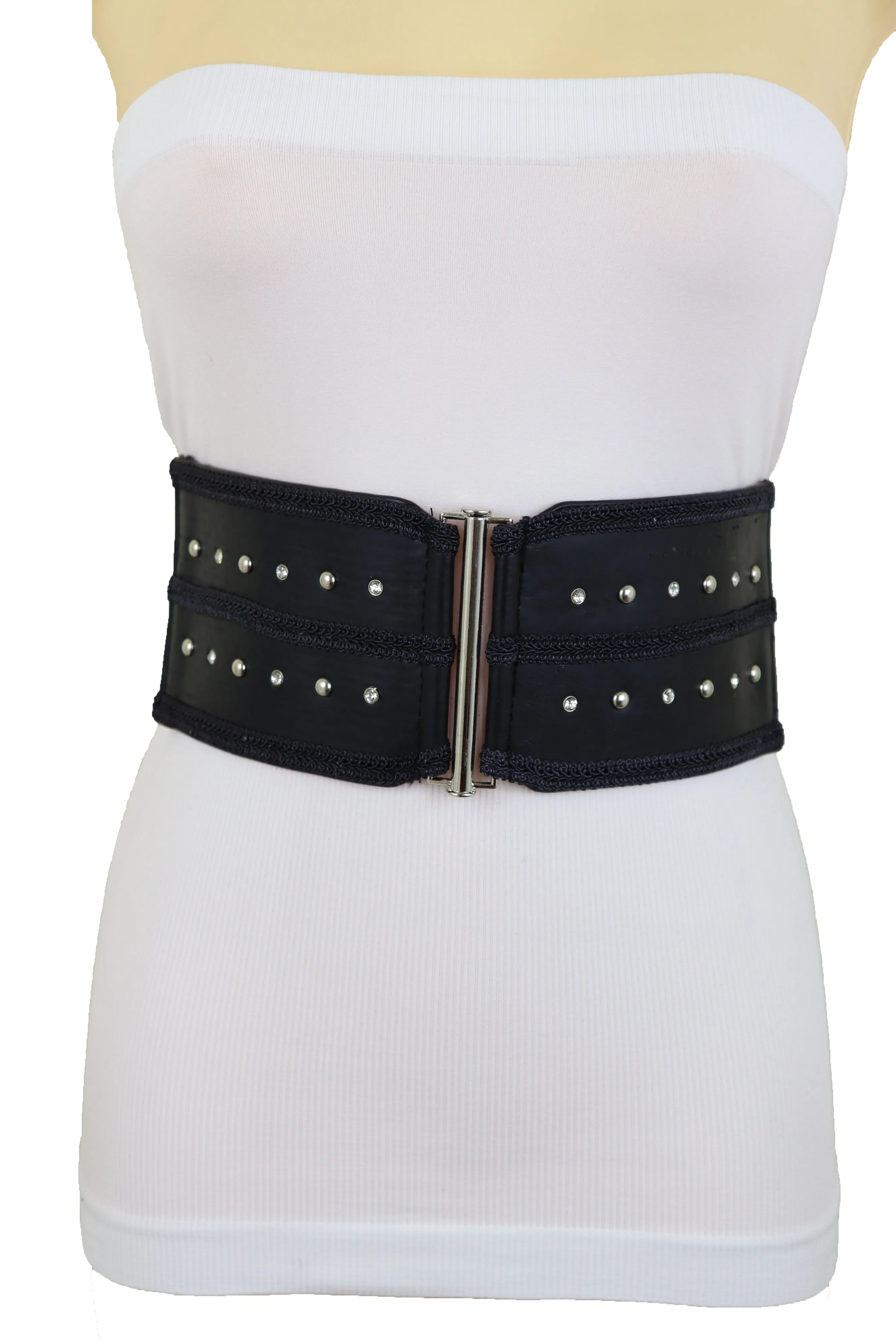 Black Faux Leather Wide Elastic Waistband Belt Bling Detail Silver Studs Buckle Fit S M