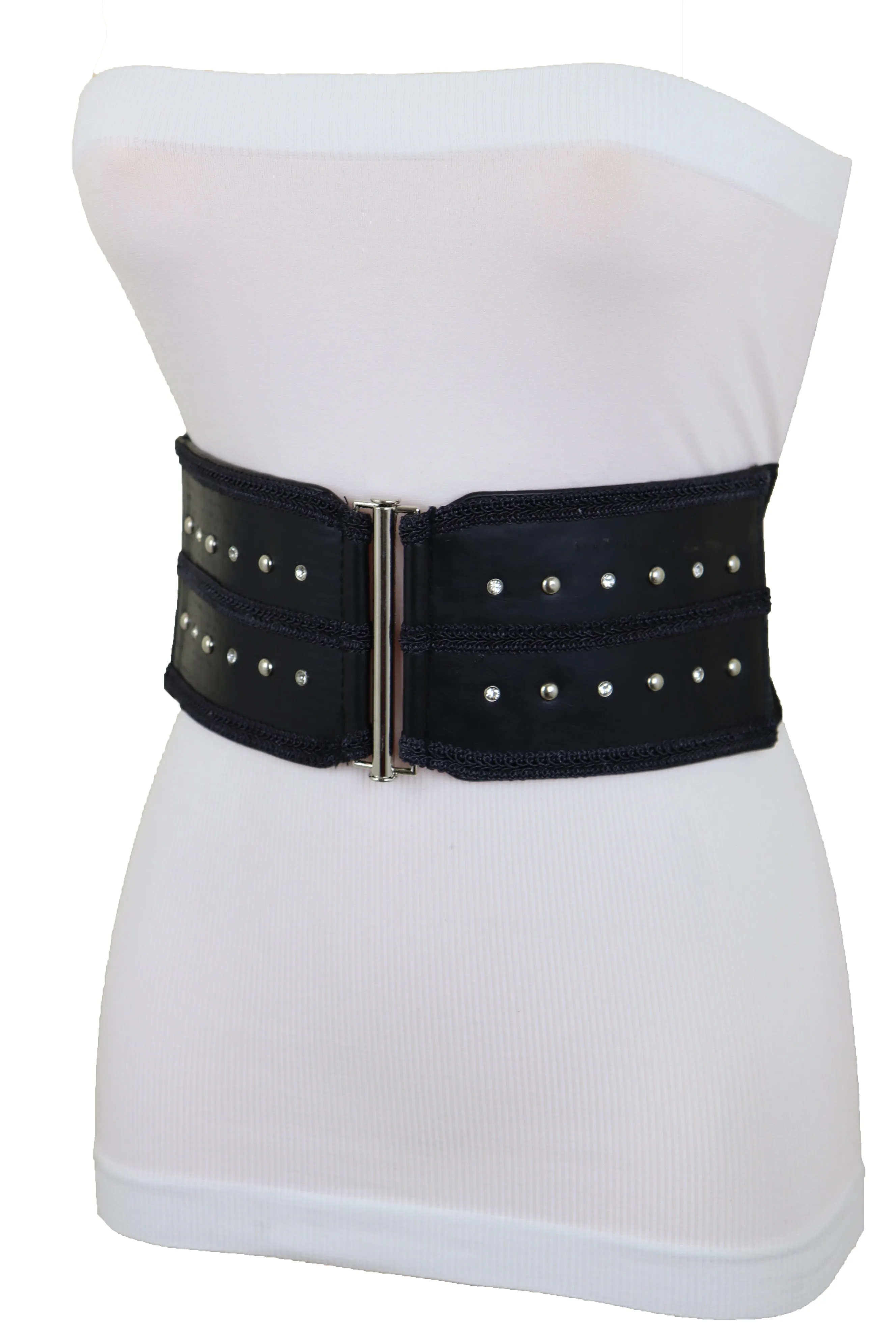 Black Faux Leather Wide Elastic Waistband Belt Bling Detail Silver Studs Buckle Fit S M