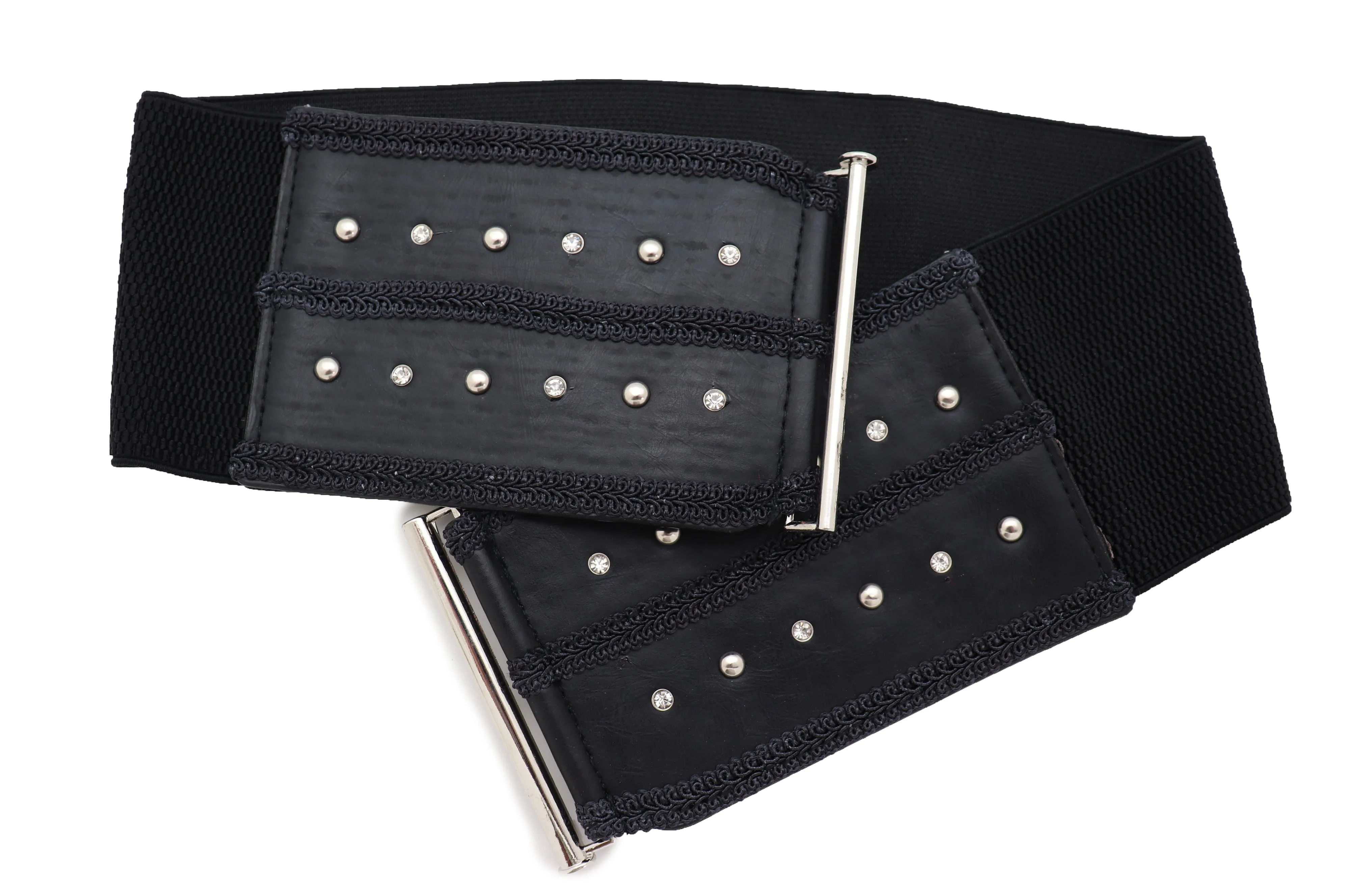 Black Faux Leather Wide Elastic Waistband Belt Bling Detail Silver Studs Buckle Fit S M