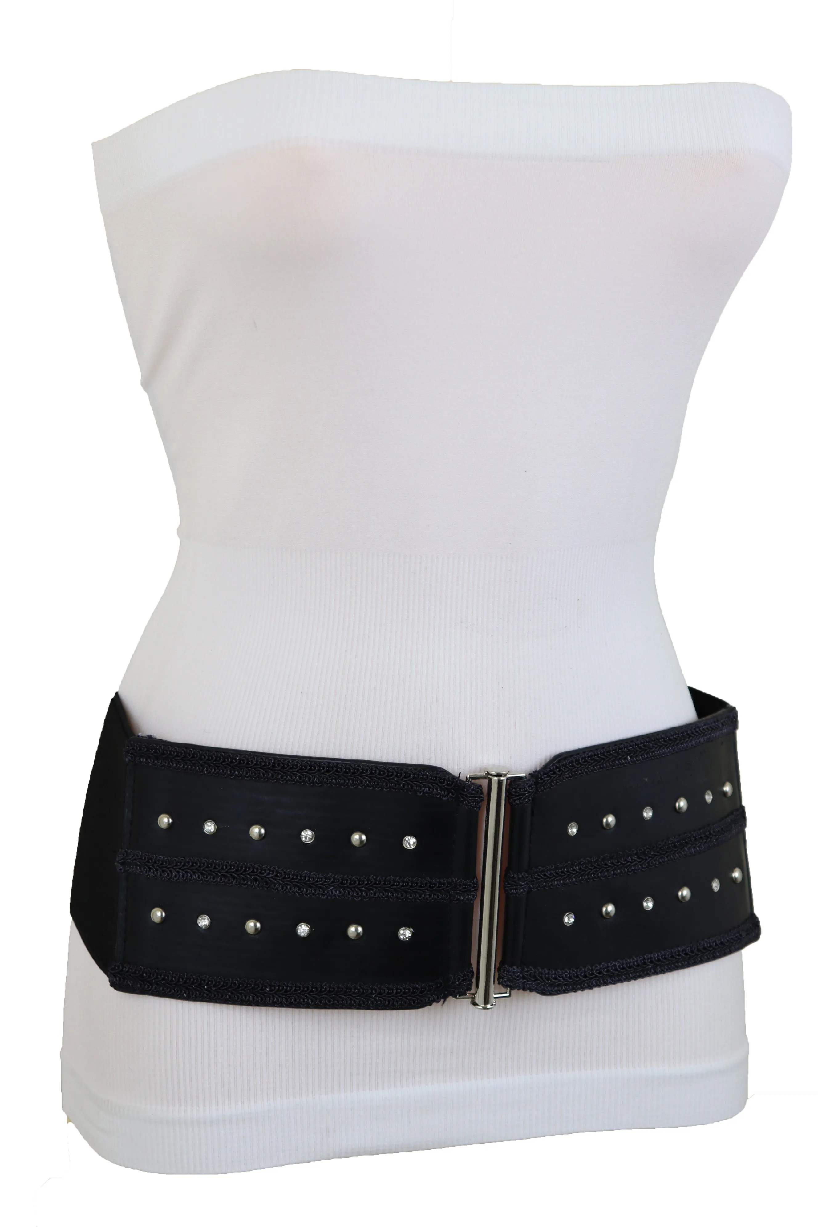 Black Faux Leather Wide Elastic Waistband Belt Bling Detail Silver Studs Buckle Fit S M