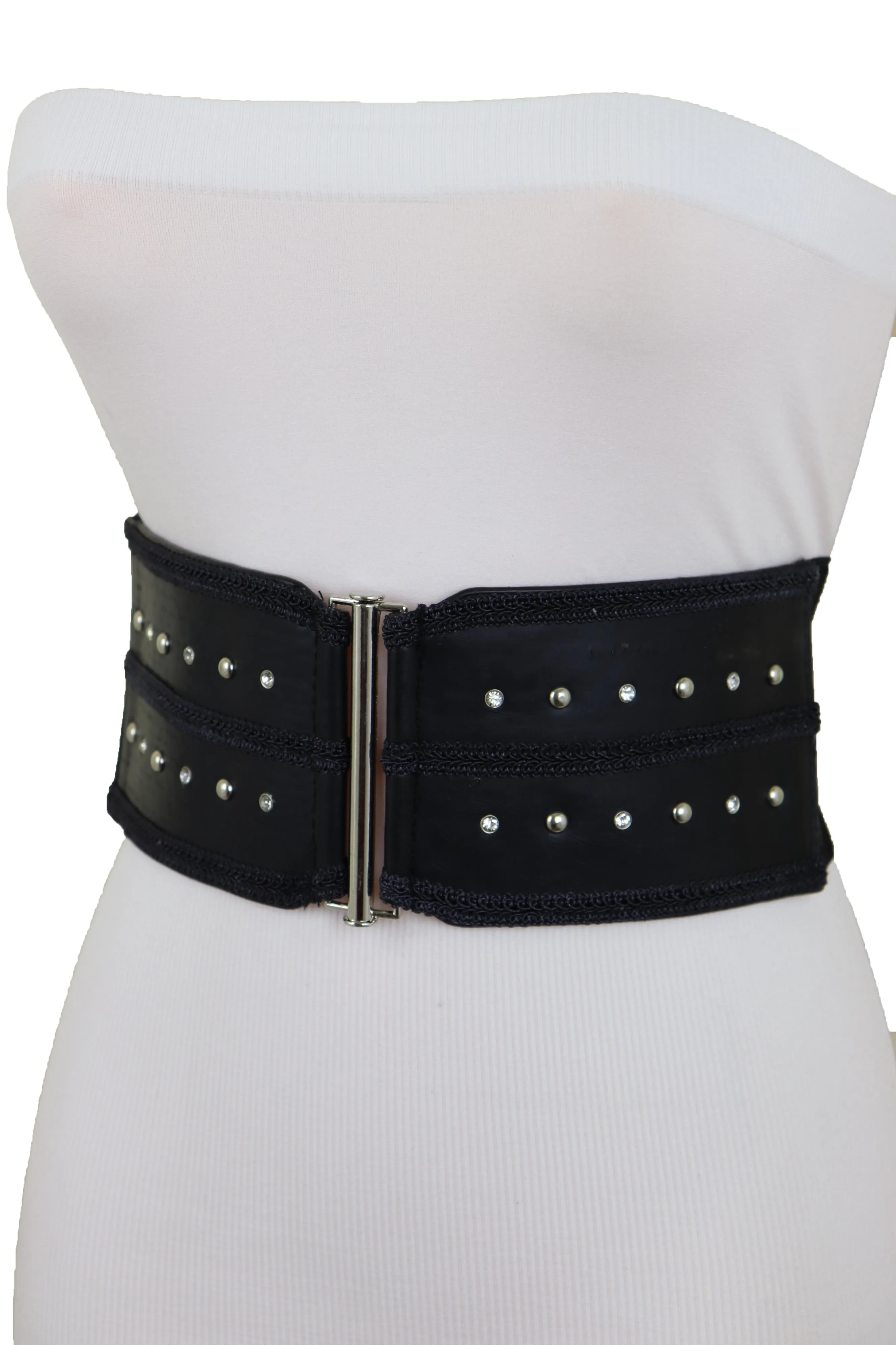 Black Faux Leather Wide Elastic Waistband Belt Bling Detail Silver Studs Buckle Fit S M