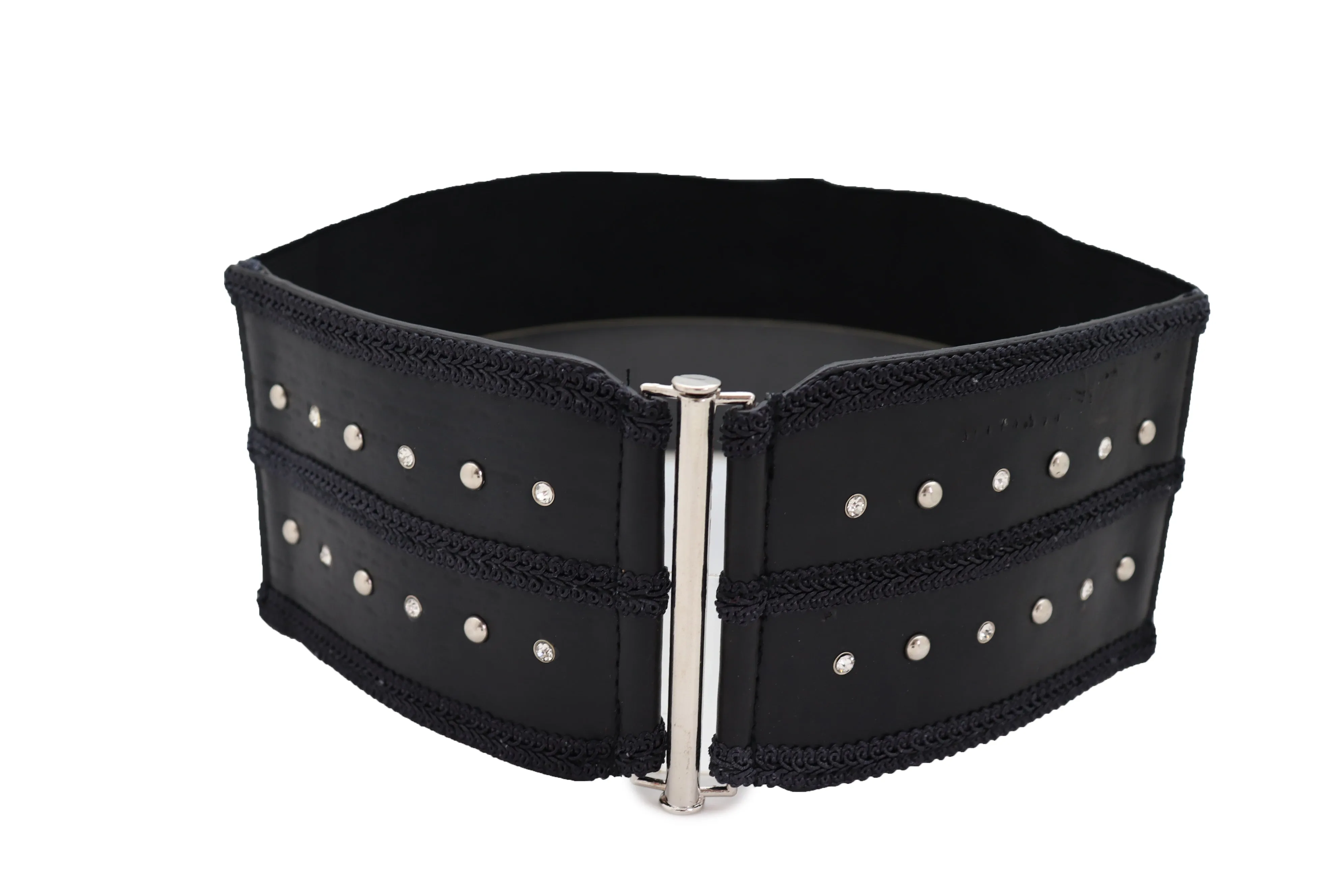 Black Faux Leather Wide Elastic Waistband Belt Bling Detail Silver Studs Buckle Fit S M