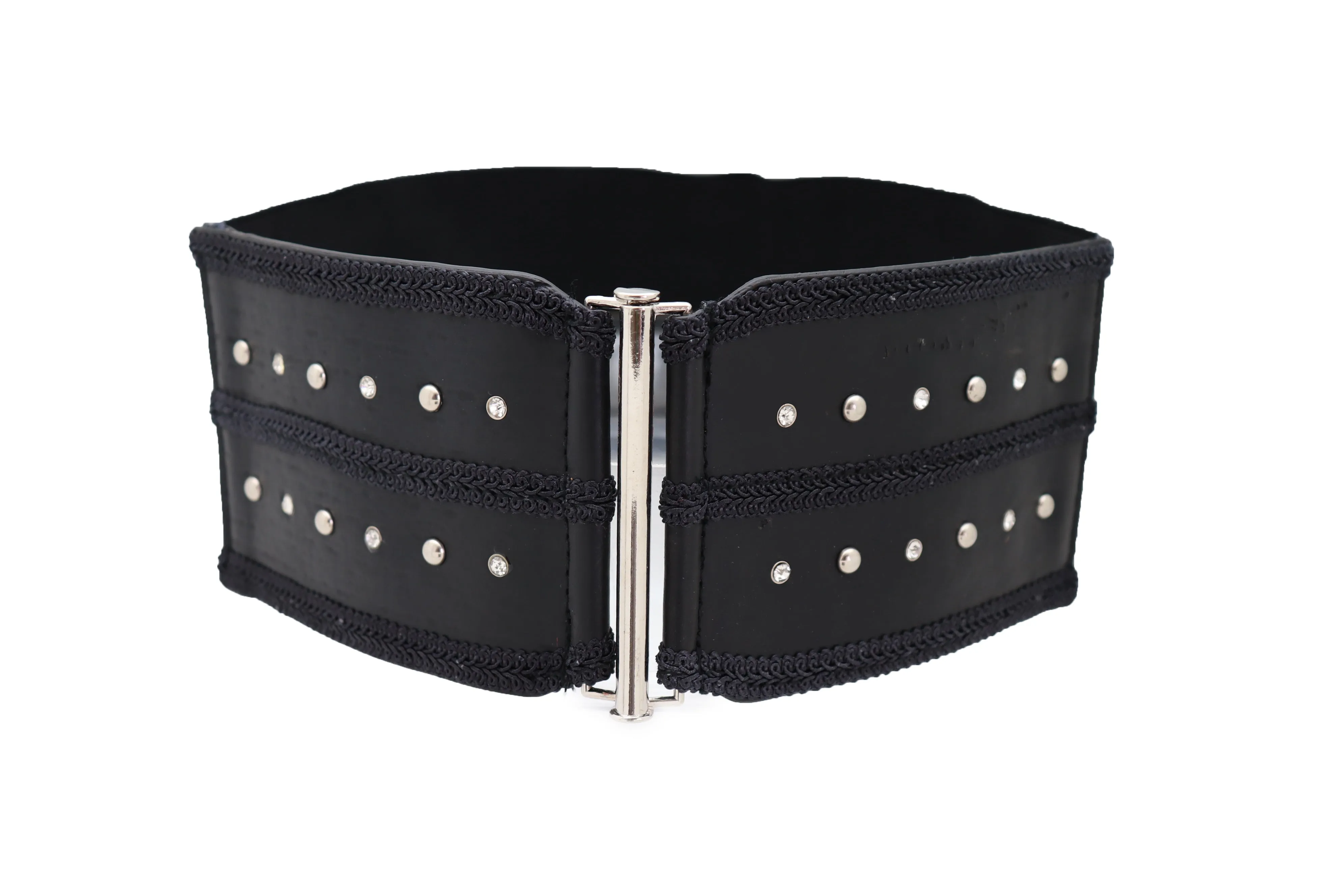 Black Faux Leather Wide Elastic Waistband Belt Bling Detail Silver Studs Buckle Fit S M