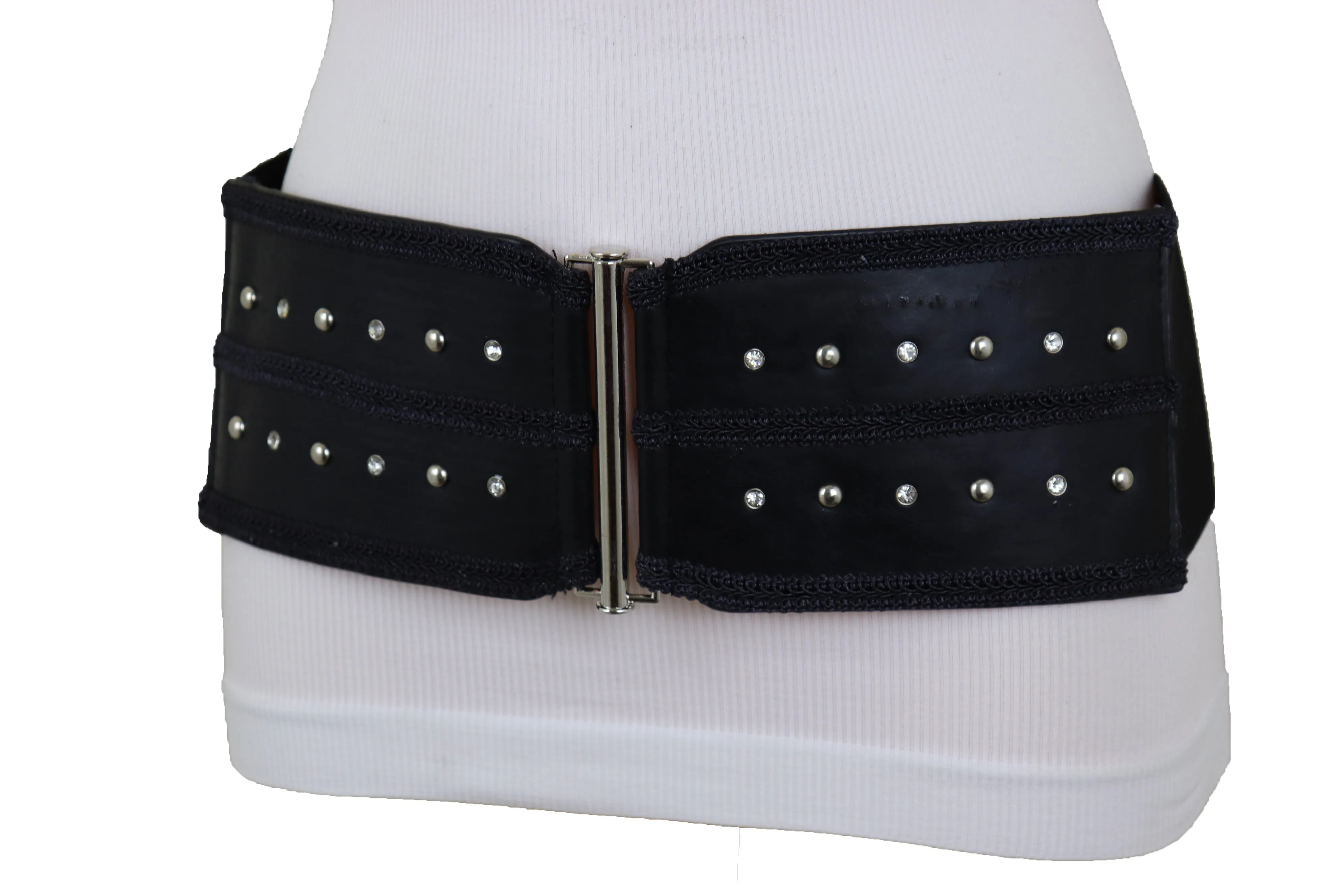 Black Faux Leather Wide Elastic Waistband Belt Bling Detail Silver Studs Buckle Fit S M