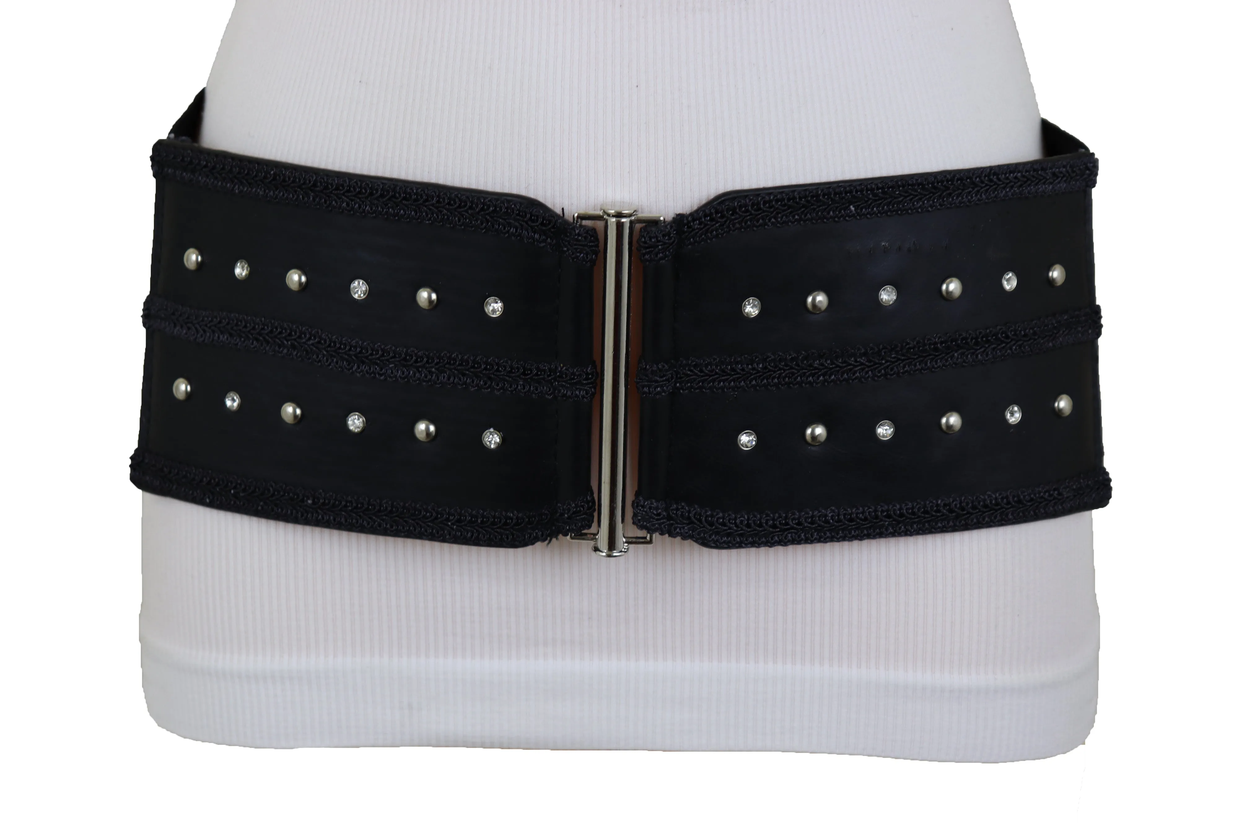 Black Faux Leather Wide Elastic Waistband Belt Bling Detail Silver Studs Buckle Fit S M