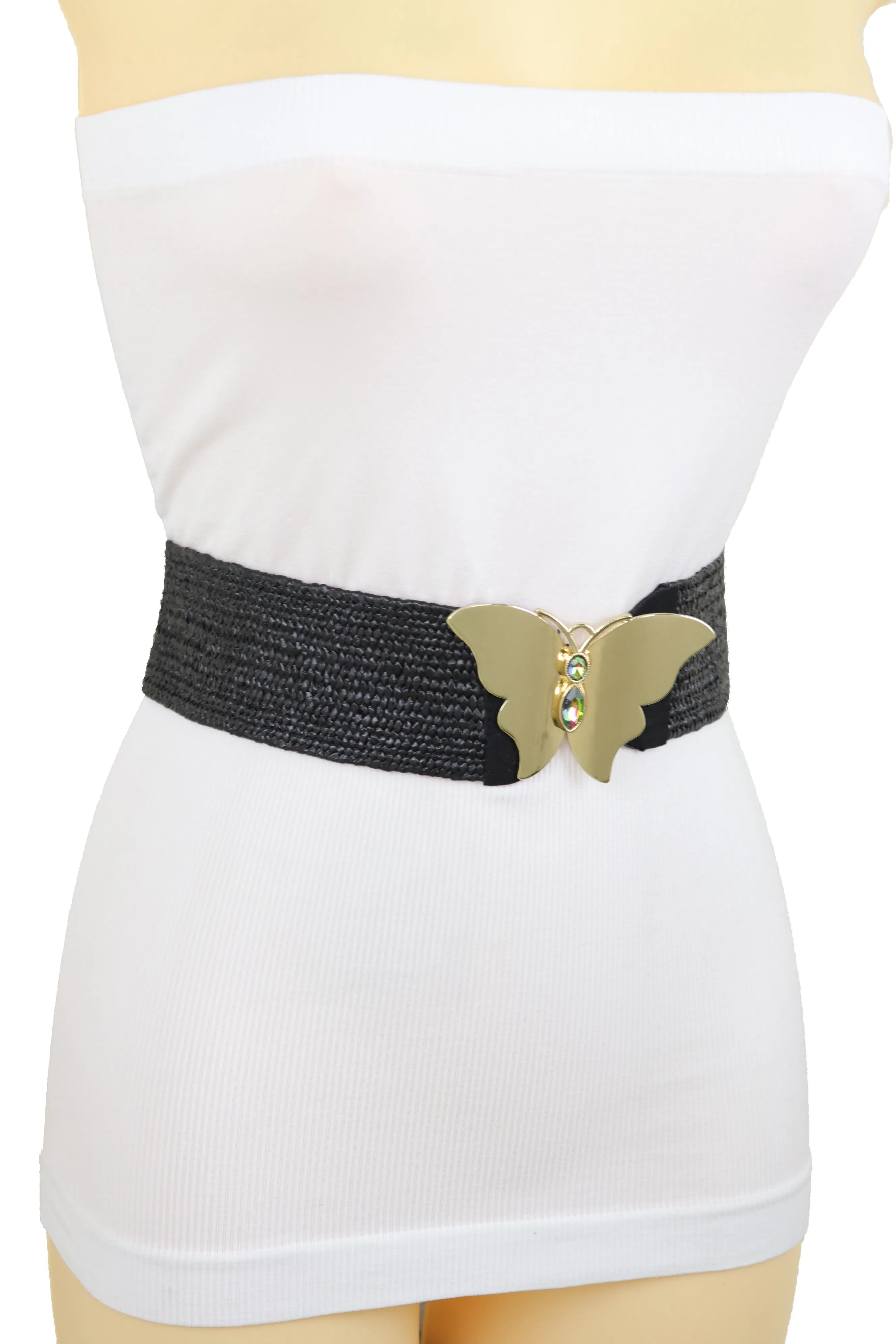 Black Stretch Band High Waist Hip Belt Gold Metal Butterfly Buckle Fit S M