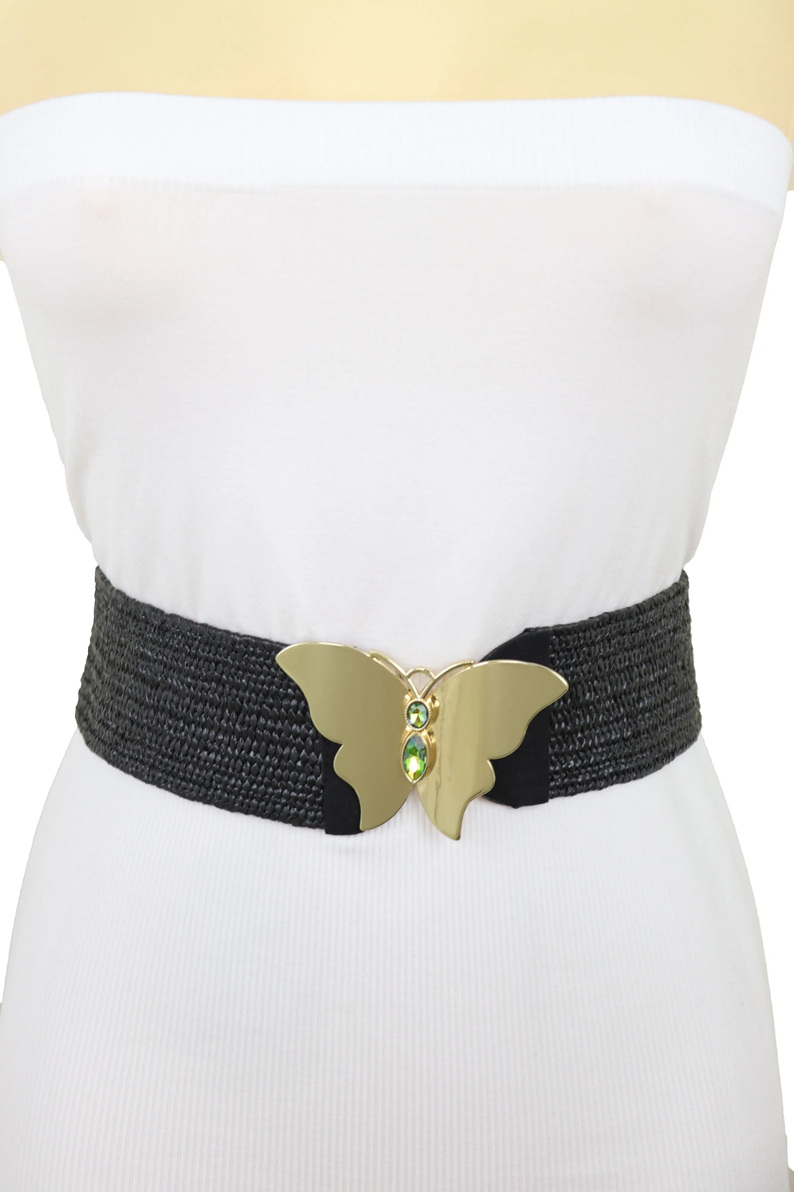 Black Stretch Band High Waist Hip Belt Gold Metal Butterfly Buckle Fit S M