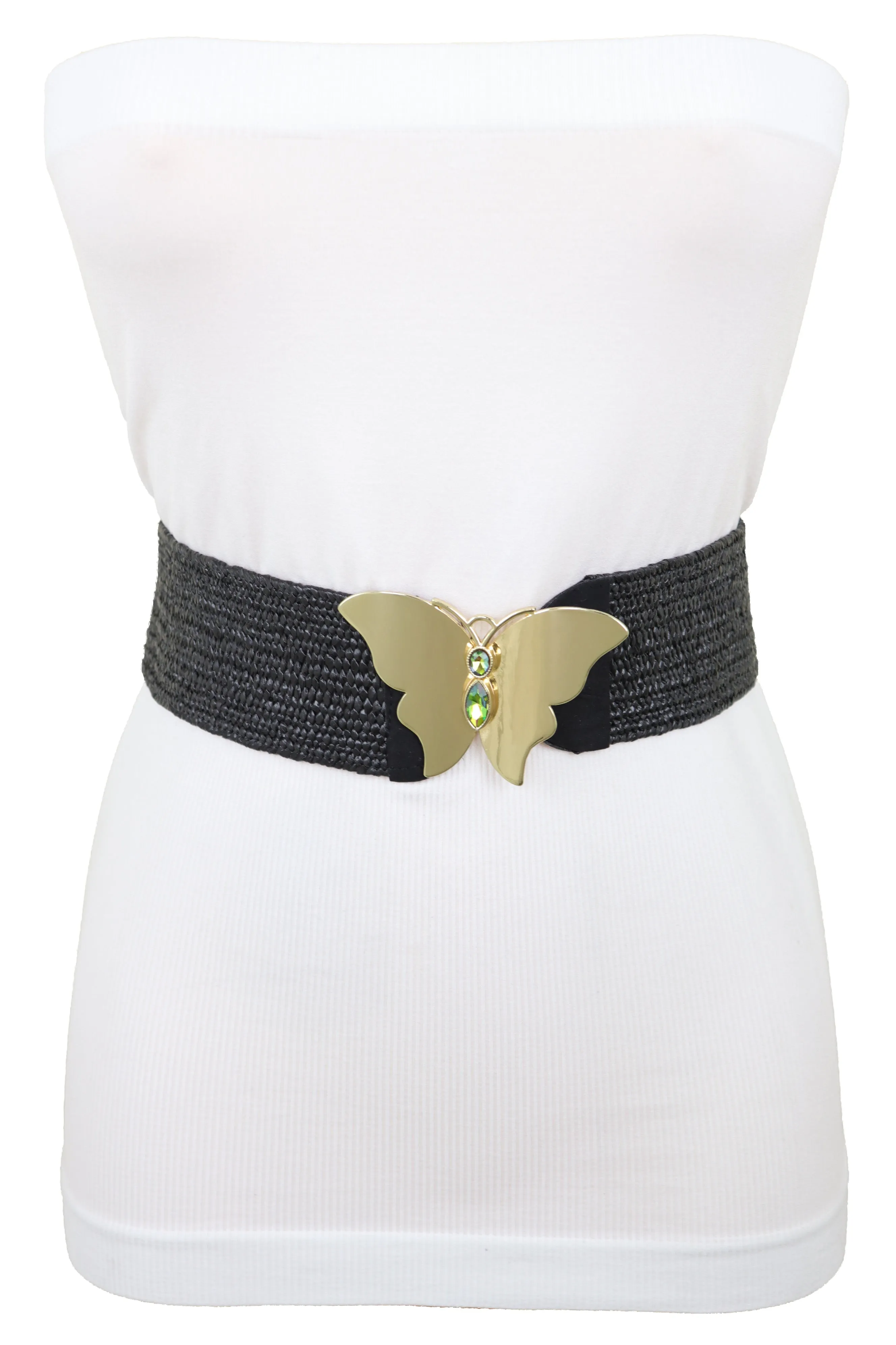 Black Stretch Band High Waist Hip Belt Gold Metal Butterfly Buckle Fit S M