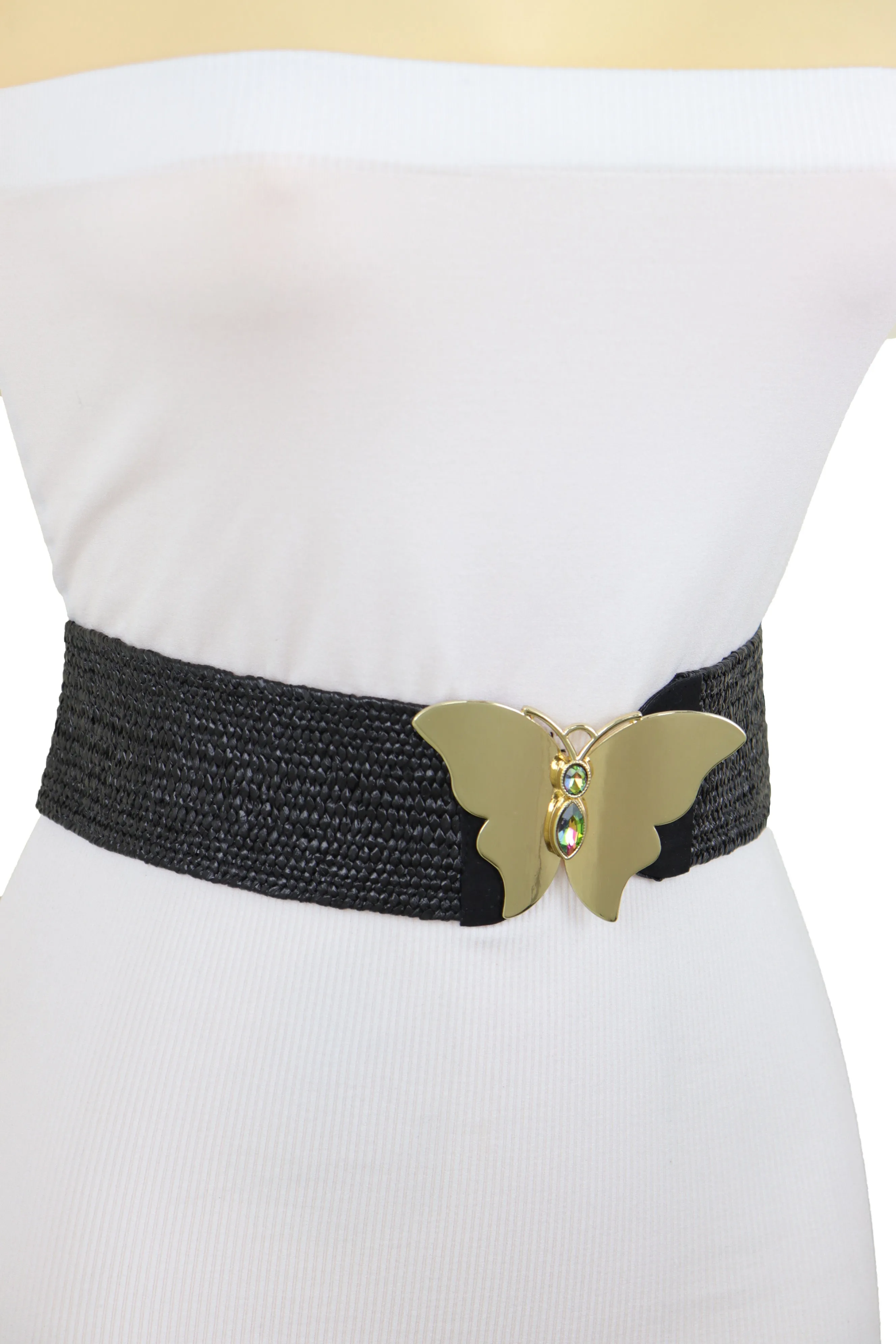 Black Stretch Band High Waist Hip Belt Gold Metal Butterfly Buckle Fit S M