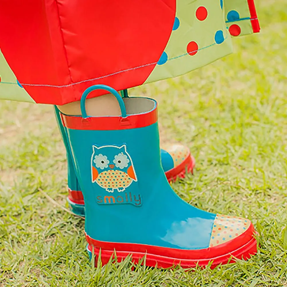 Blue Polka dots Owl Flexible Rubber Rain Gumboots for Toddlers and Kids