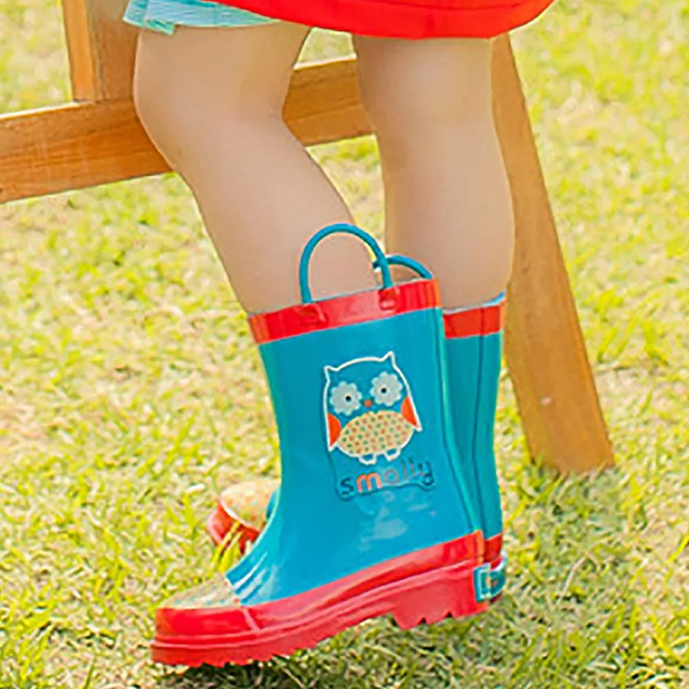 Blue Polka dots Owl Flexible Rubber Rain Gumboots for Toddlers and Kids