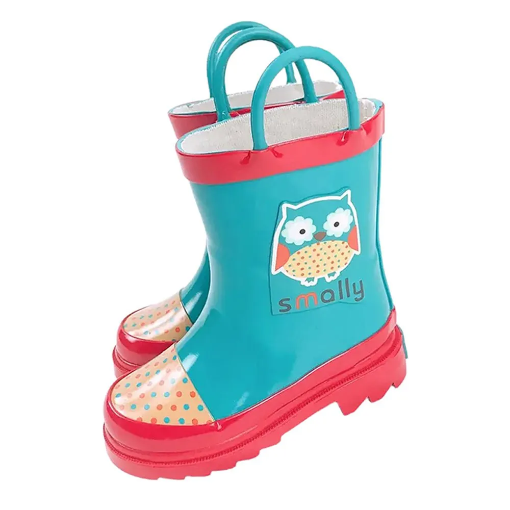 Blue Polka dots Owl Flexible Rubber Rain Gumboots for Toddlers and Kids