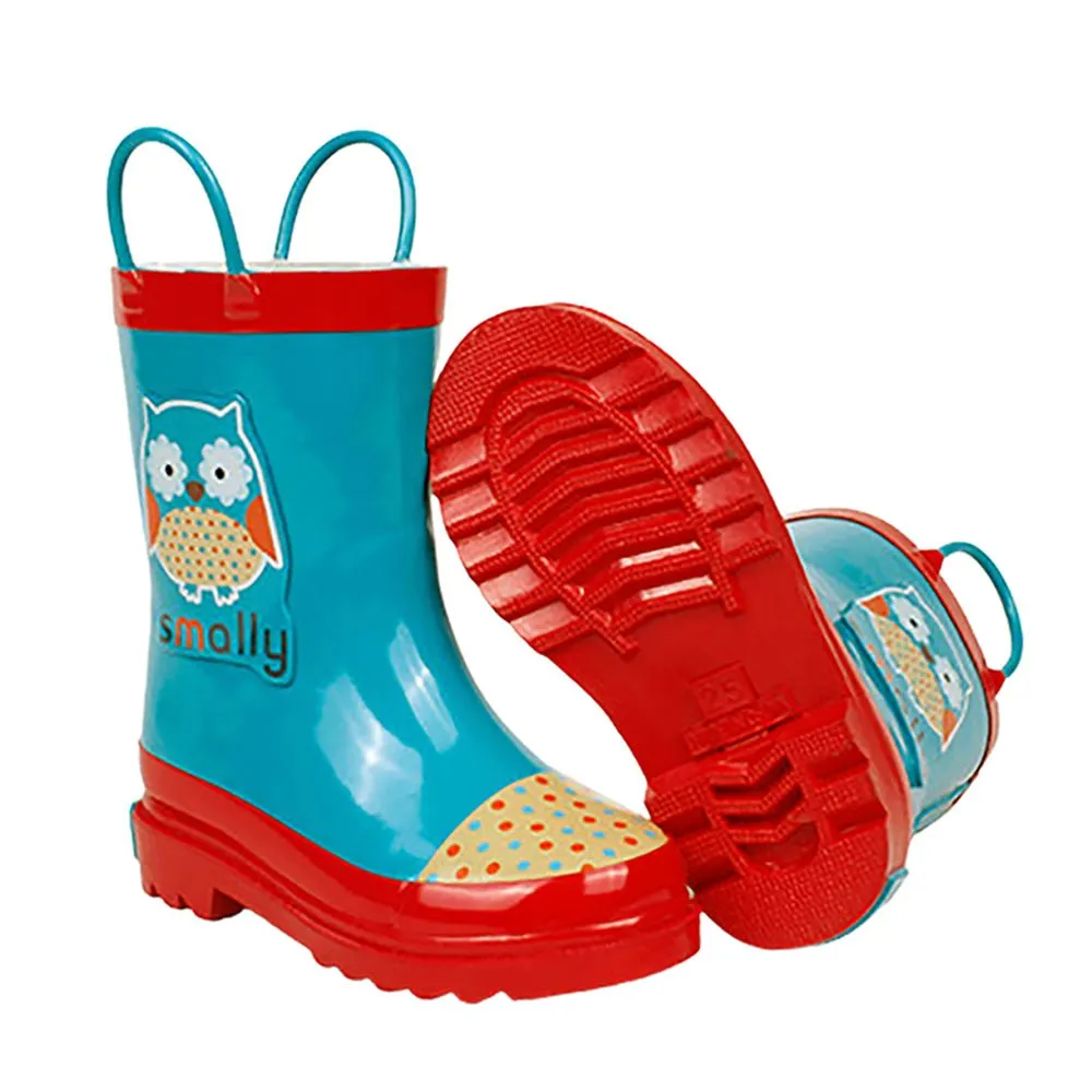 Blue Polka dots Owl Flexible Rubber Rain Gumboots for Toddlers and Kids