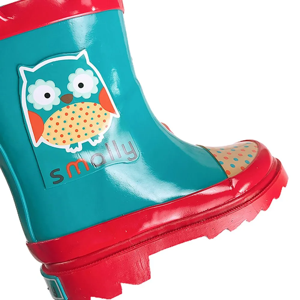 Blue Polka dots Owl Flexible Rubber Rain Gumboots for Toddlers and Kids