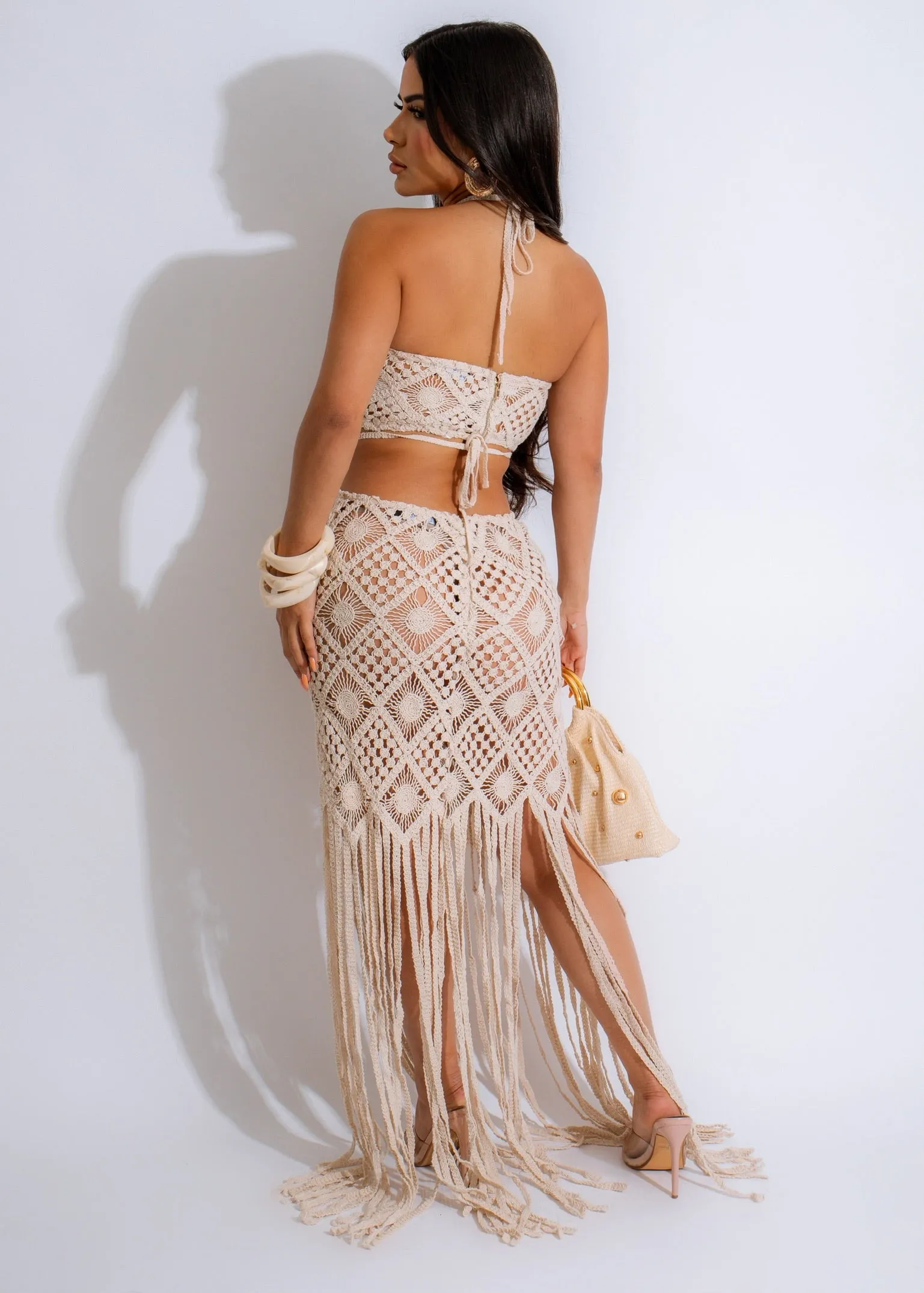 Bohemian Dreams Crochet Skirt Set Nude