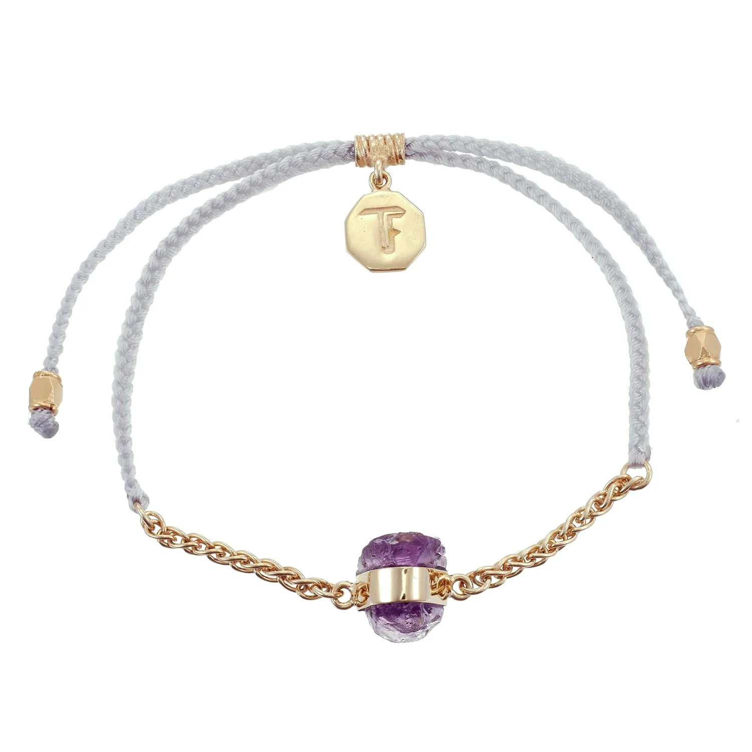 CHAIN & CORD CRYSTAL BRACELET - AMETHYST- PASTEL GREY - GOLD