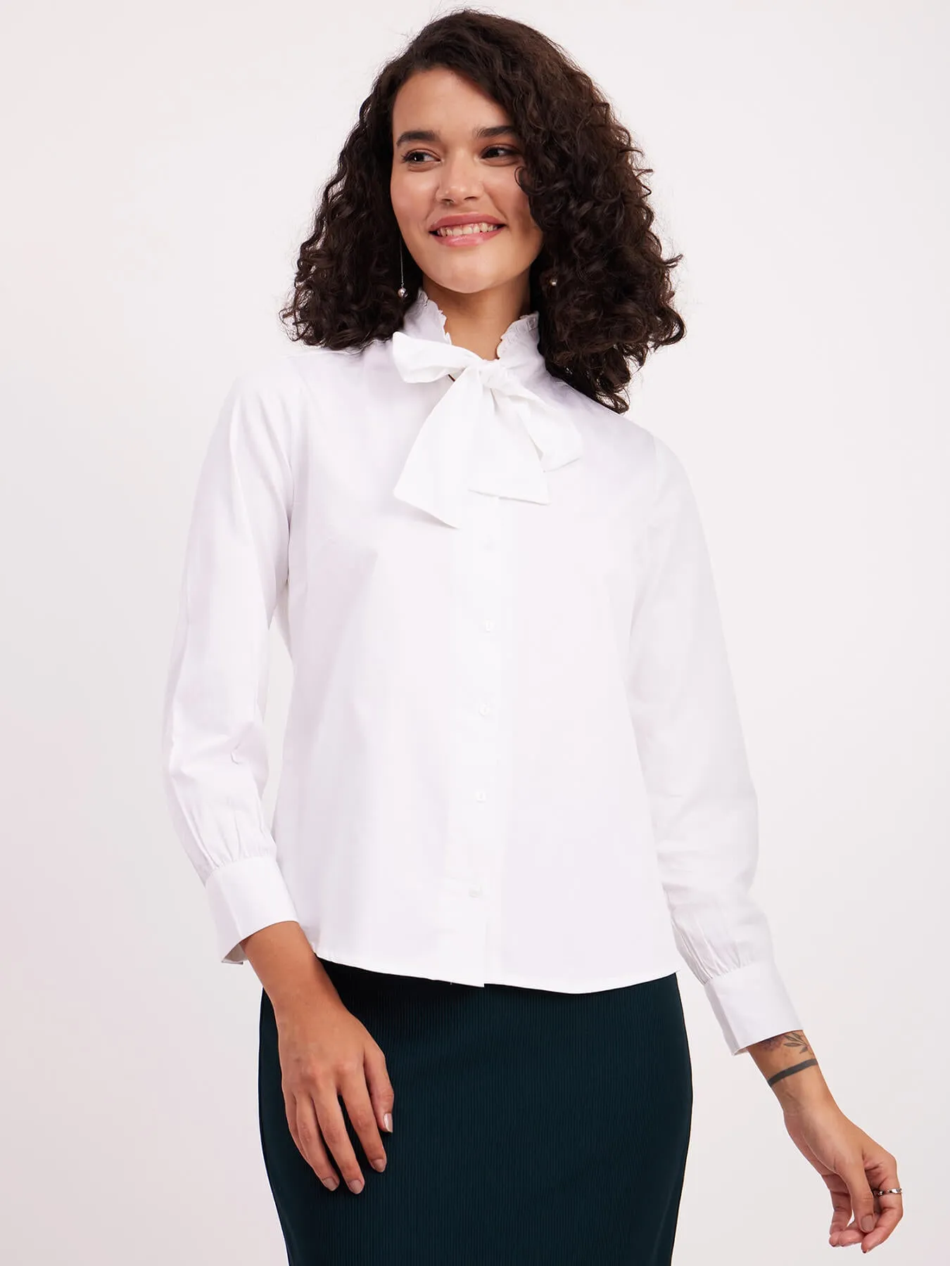 Cotton Ruffle Tie-Up Shirt - White